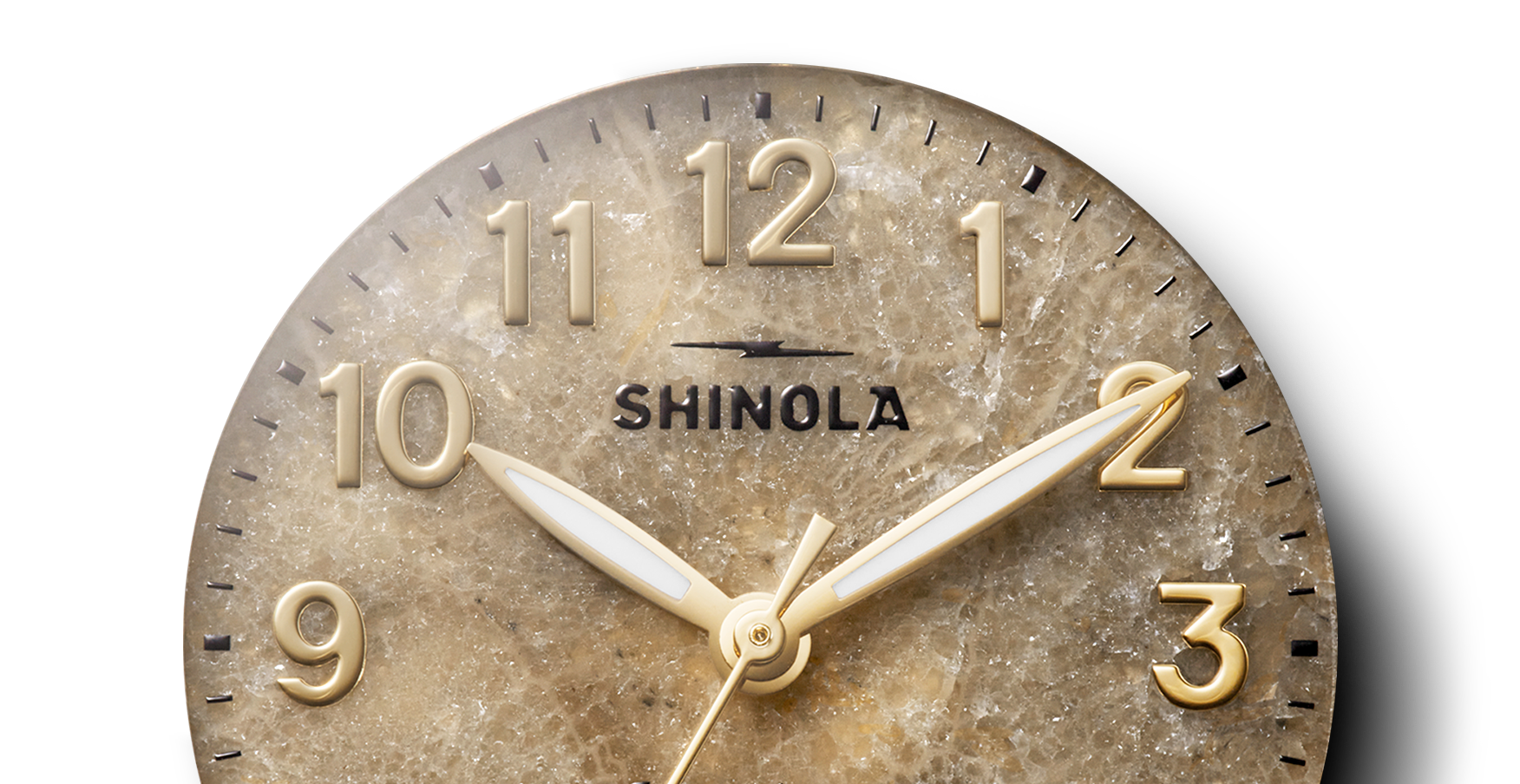 A close-up of the Shinola Birdy Watch - Petoskey, featuring a textured brownish face with gold numbers and white and gold hands, displays the time as 10:10:27.