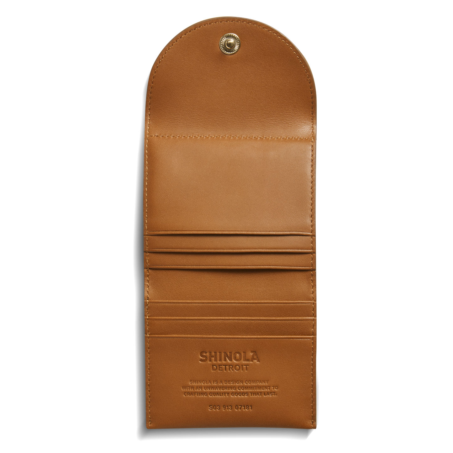 The Birdy Small Snap Wallet - Tan by Shinola features multiple card pockets, a snap button closure, and “Shinola Detroit” embossed inside—keeping essentials organized in style.