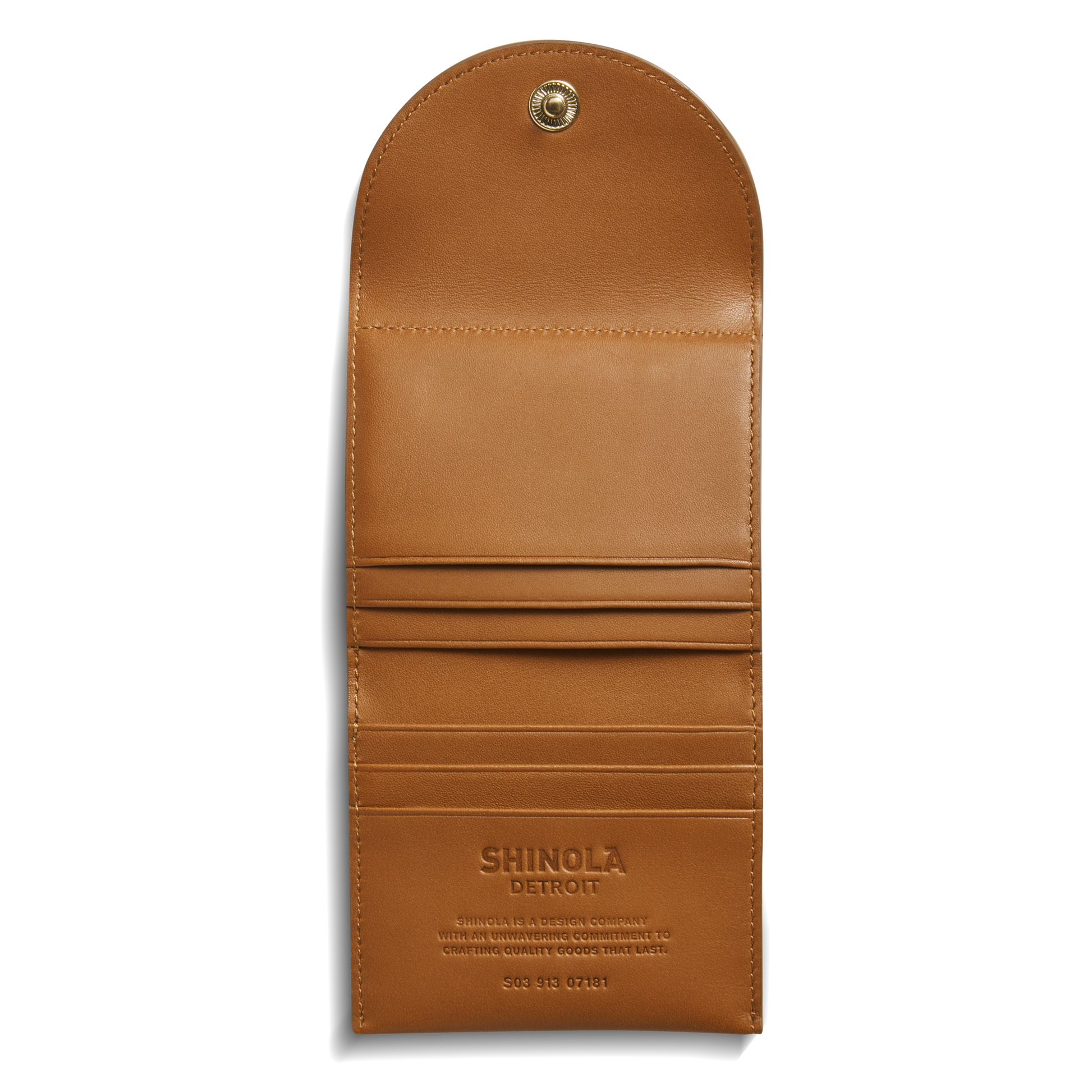 The Birdy Small Snap Wallet - Tan by Shinola features multiple card pockets, a snap button closure, and “Shinola Detroit” embossed inside—keeping essentials organized in style.