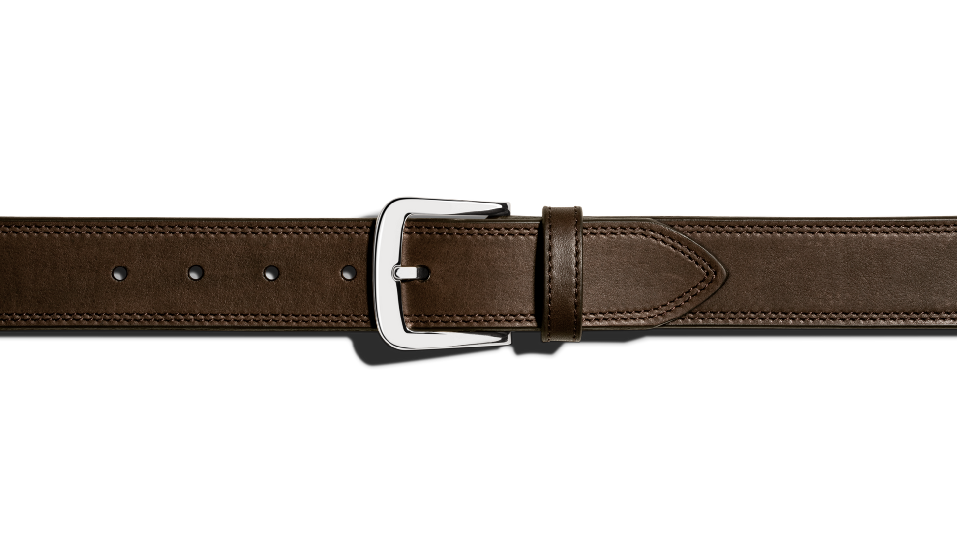 A close-up of the Shinola 1 1/2" Double Stitch Belt in Deep Brown, featuring premium leather, double stitching, and a shiny silver buckle on a plain white background.