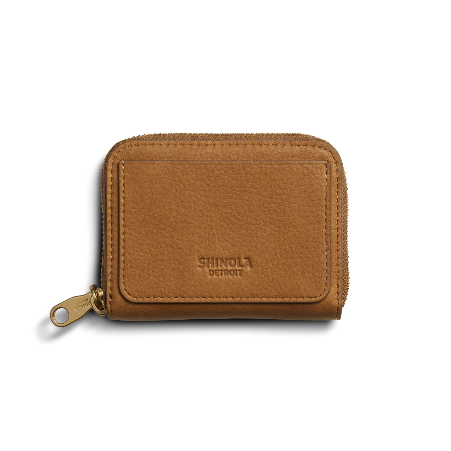 The Shinola Pocket Small Zip Around Wallet - Tan features natural leather, a gold zipper pull, and "Shinola Detroit" embossed on the front, shown on a plain white background.