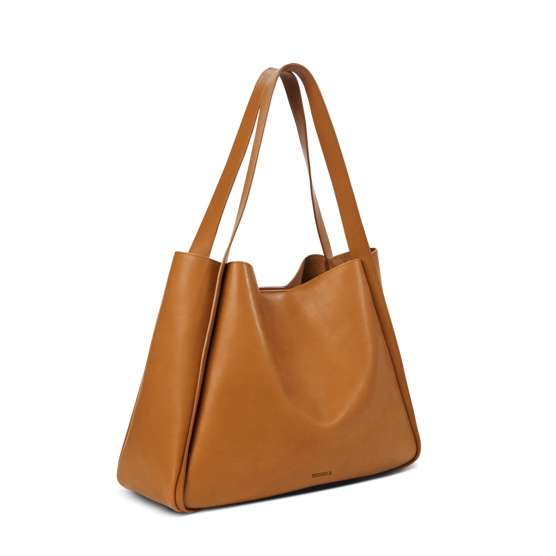 The Shinola Derby Tote Bag - Tan features double shoulder straps and a minimalist design, making it ideal for everyday use. Shown here against a plain white background.