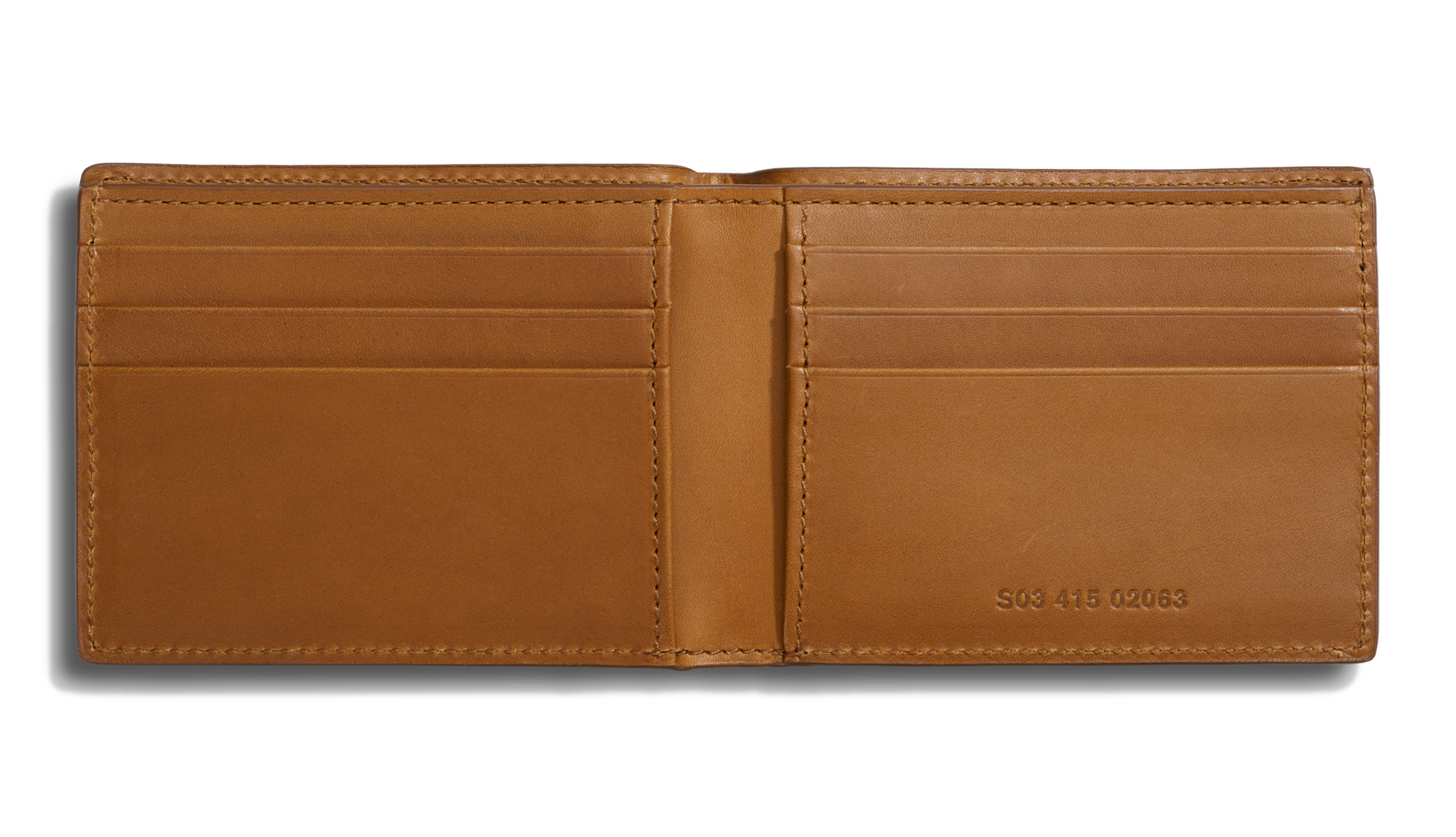 A tan Shinola Slim Bifold Wallet is open, revealing six card slots and stitched edges. S94 415 0063 is embossed on the lower right, adding detail to this stylish leather bifold wallet.
