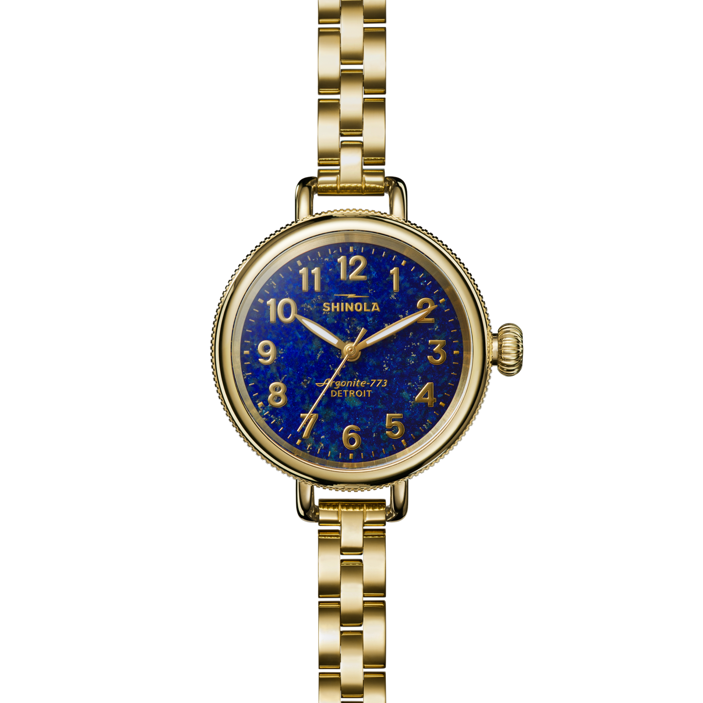 The Shinola Birdy Watch - Lapis features a gold case, blue marbled lapis-inspired dial, gold hands and markers, a matching gold link bracelet, Detroit assembly, and is set against a white background.