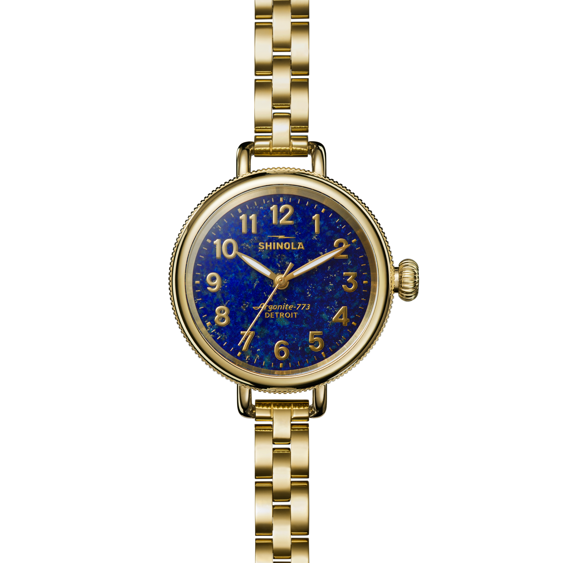 The Shinola Birdy Watch - Lapis features a gold case, blue marbled lapis-inspired dial, gold hands and markers, a matching gold link bracelet, Detroit assembly, and is set against a white background.