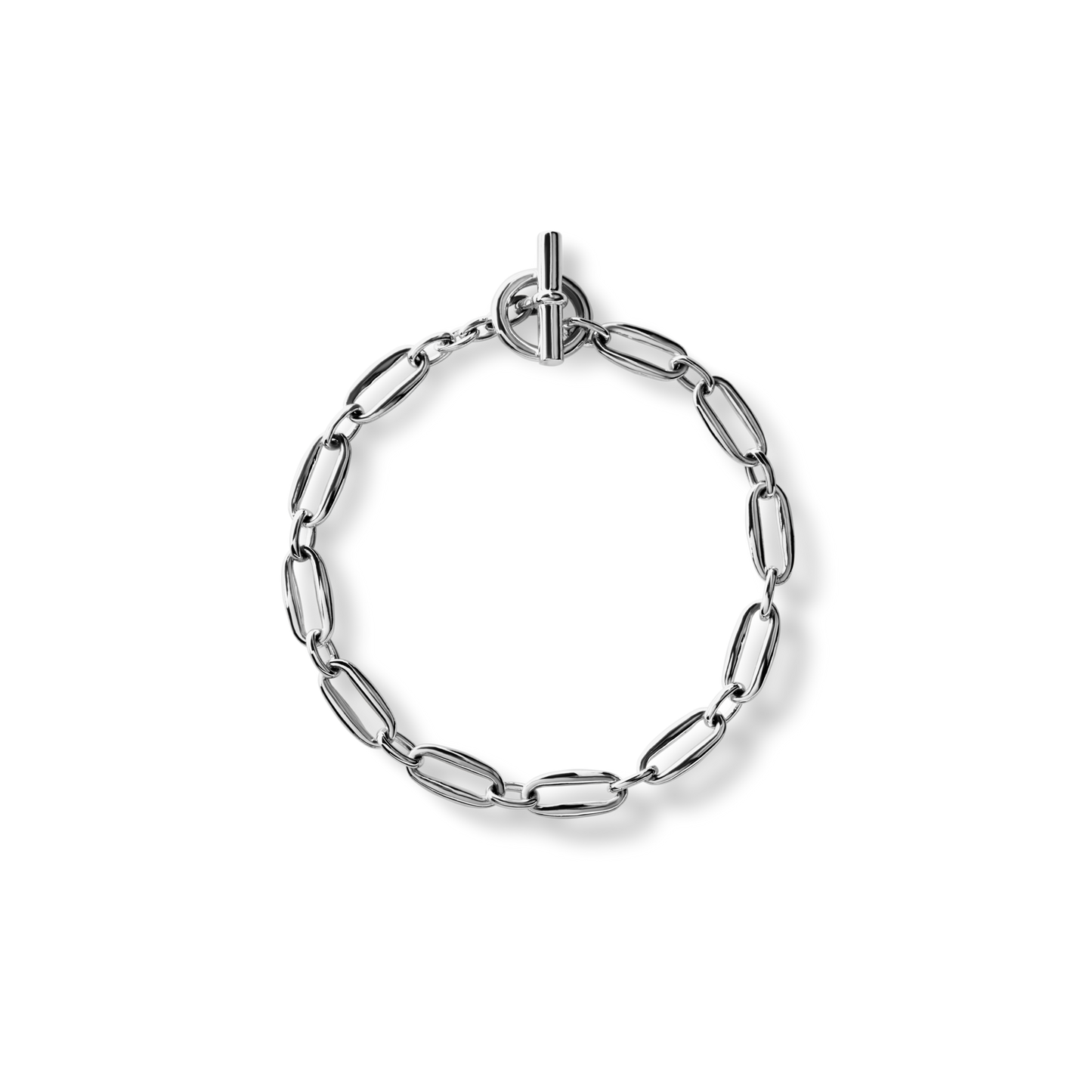 The Shinola Signature Link Bracelet in sterling silver features elongated oval links and a toggle clasp, showcased on a plain white background.