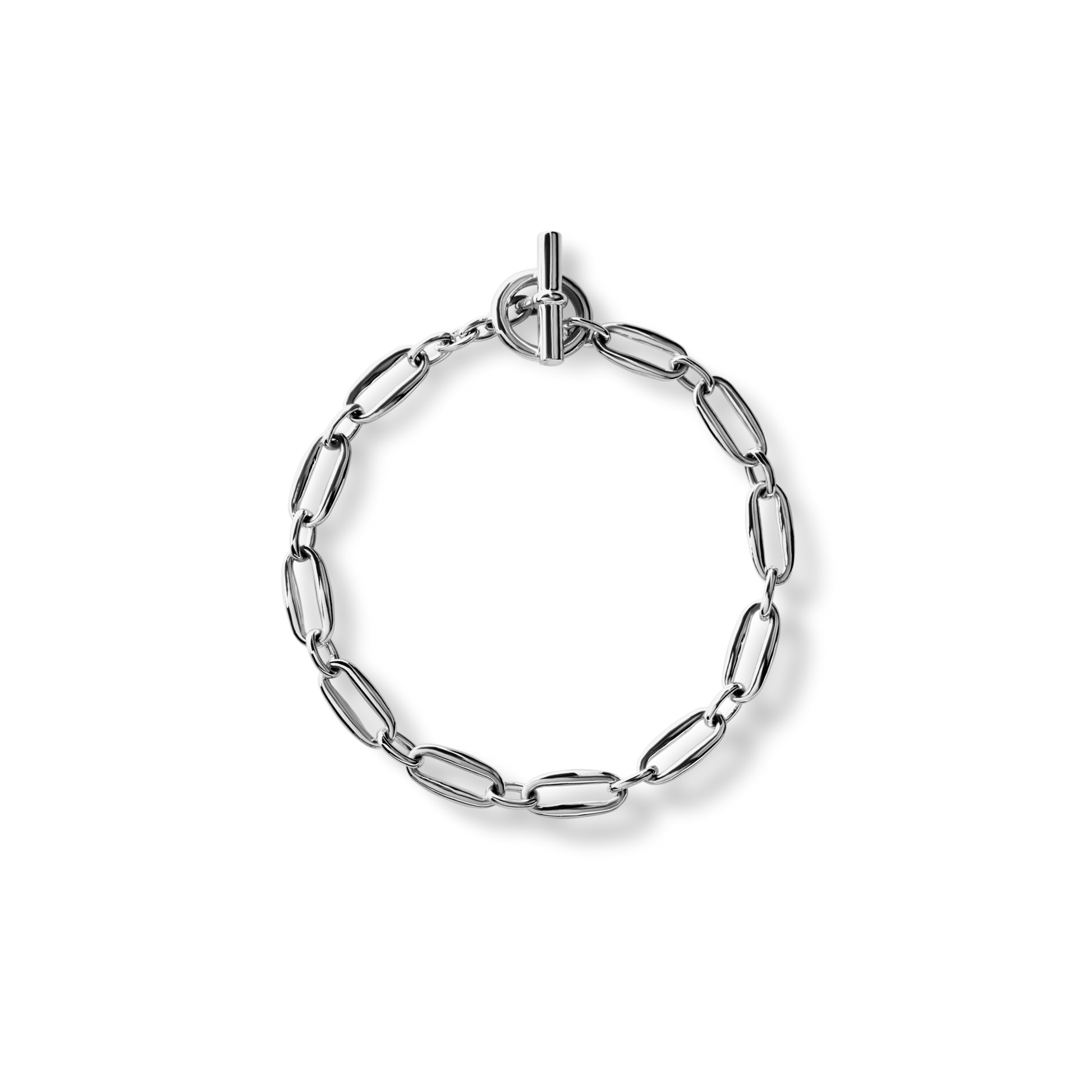 The Shinola Signature Link Bracelet in sterling silver features elongated oval links and a toggle clasp, showcased on a plain white background.