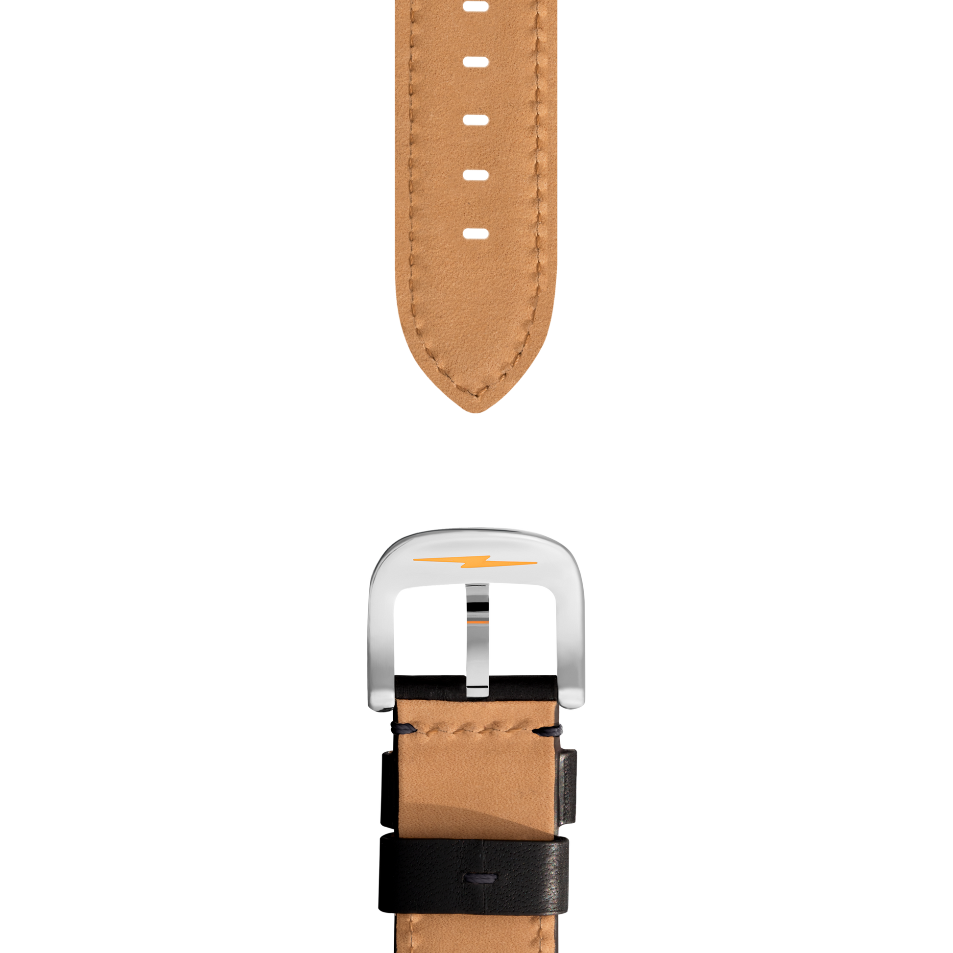 Close-up of the Shinola 20mm Black Leather Watch Strap in black, hand sewn with a silver buckle featuring a subtle lightning bolt design, shown separated on a plain white background.