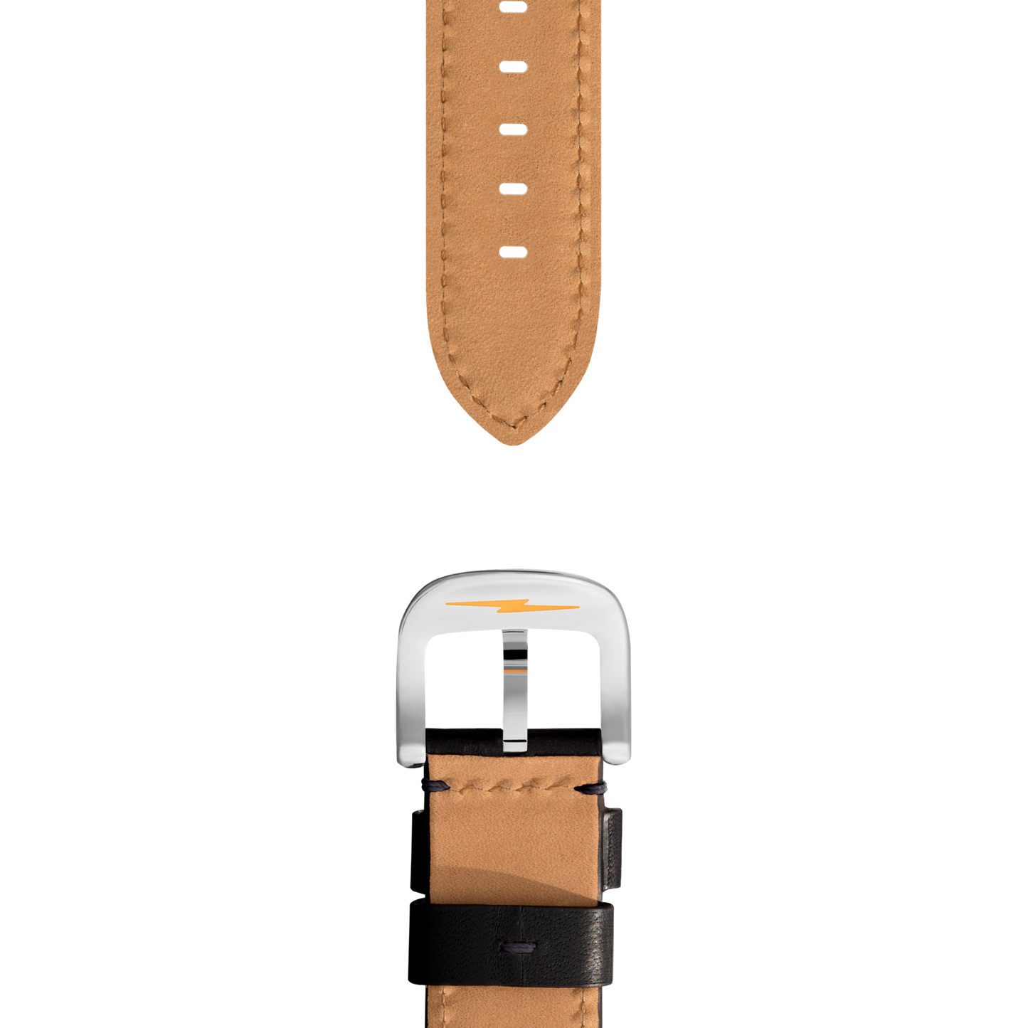 Shinola 18mm Black Leather Strap with silver buckle, viewed from above on a white background. Features multiple adjustment holes and black accents near the buckle.