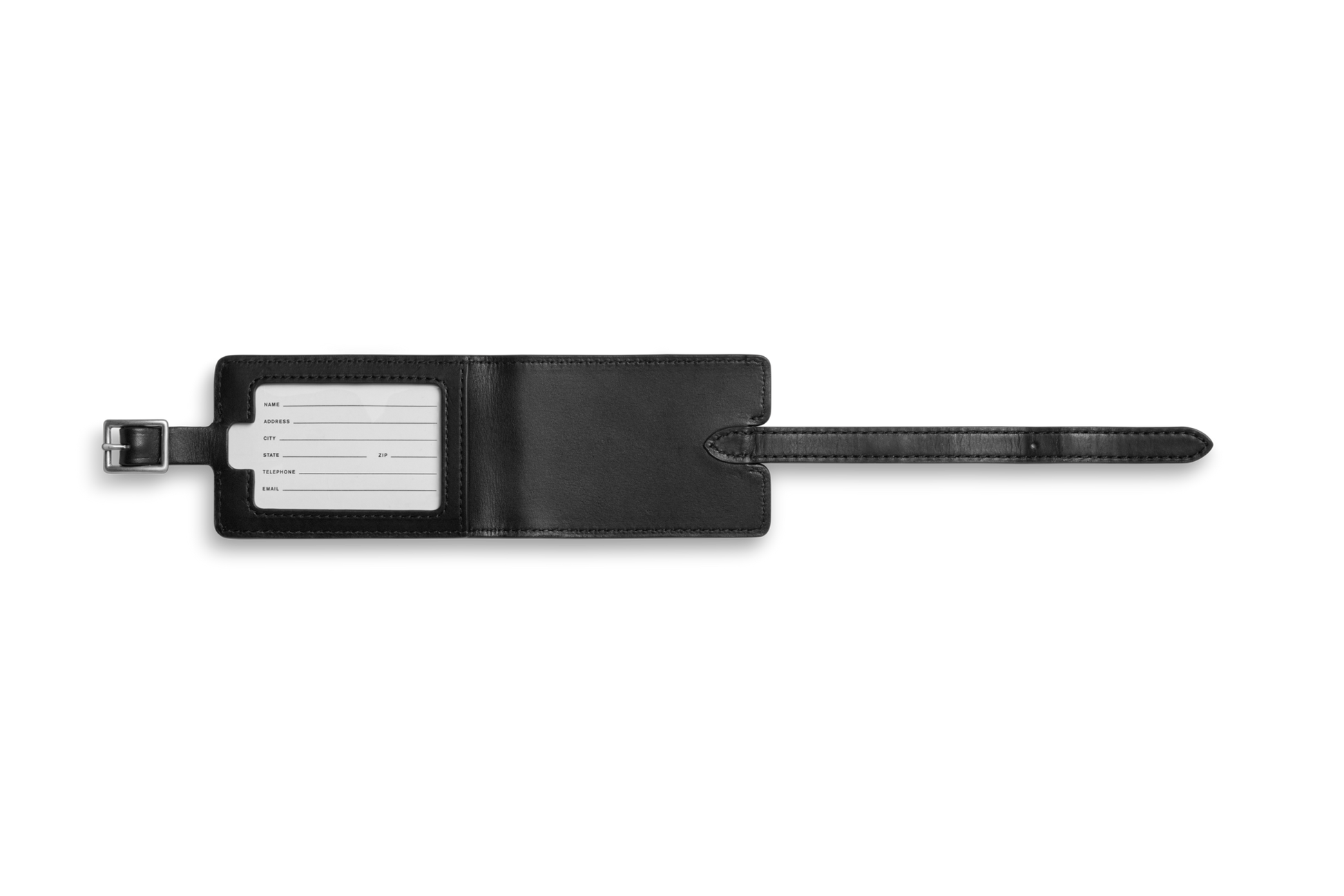 The Shinola Luggage Tag - Black features Italian Vachetta leather, a buckle strap, and a clear window displaying a blank ID card with fields for name, address, phone number, and email—ideal for monogramming.