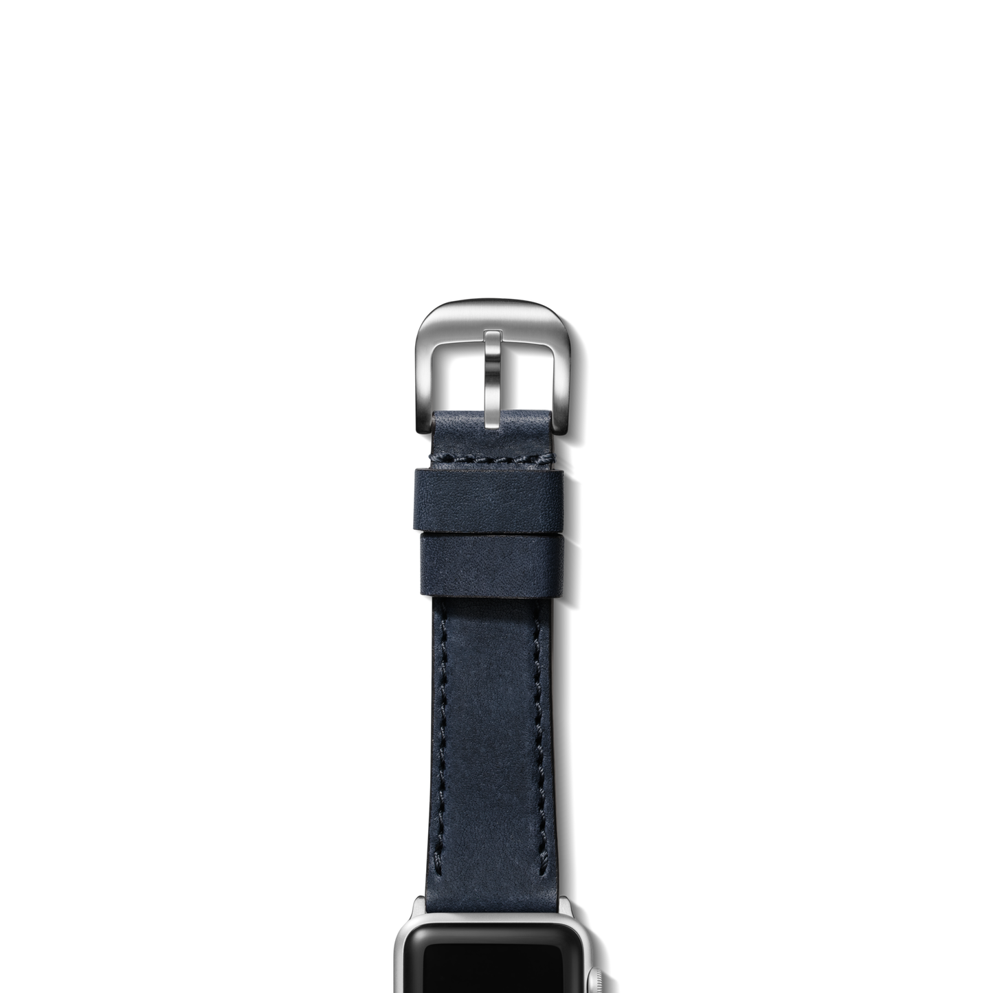 A close-up of the Shinola Strap: 20/18 Blarney, SW RR Classic, Silver - Navy in blue leather with a silver buckle, set against a plain white background. The top of a smartwatch is partially visible at the image’s bottom.