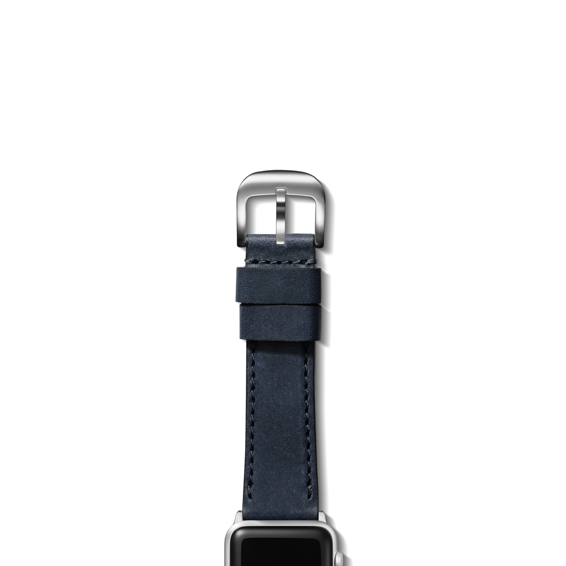 A close-up of the Shinola Strap: 20/18 Blarney, SW RR Classic, Silver - Navy in blue leather with a silver buckle, set against a plain white background. The top of a smartwatch is partially visible at the image’s bottom.