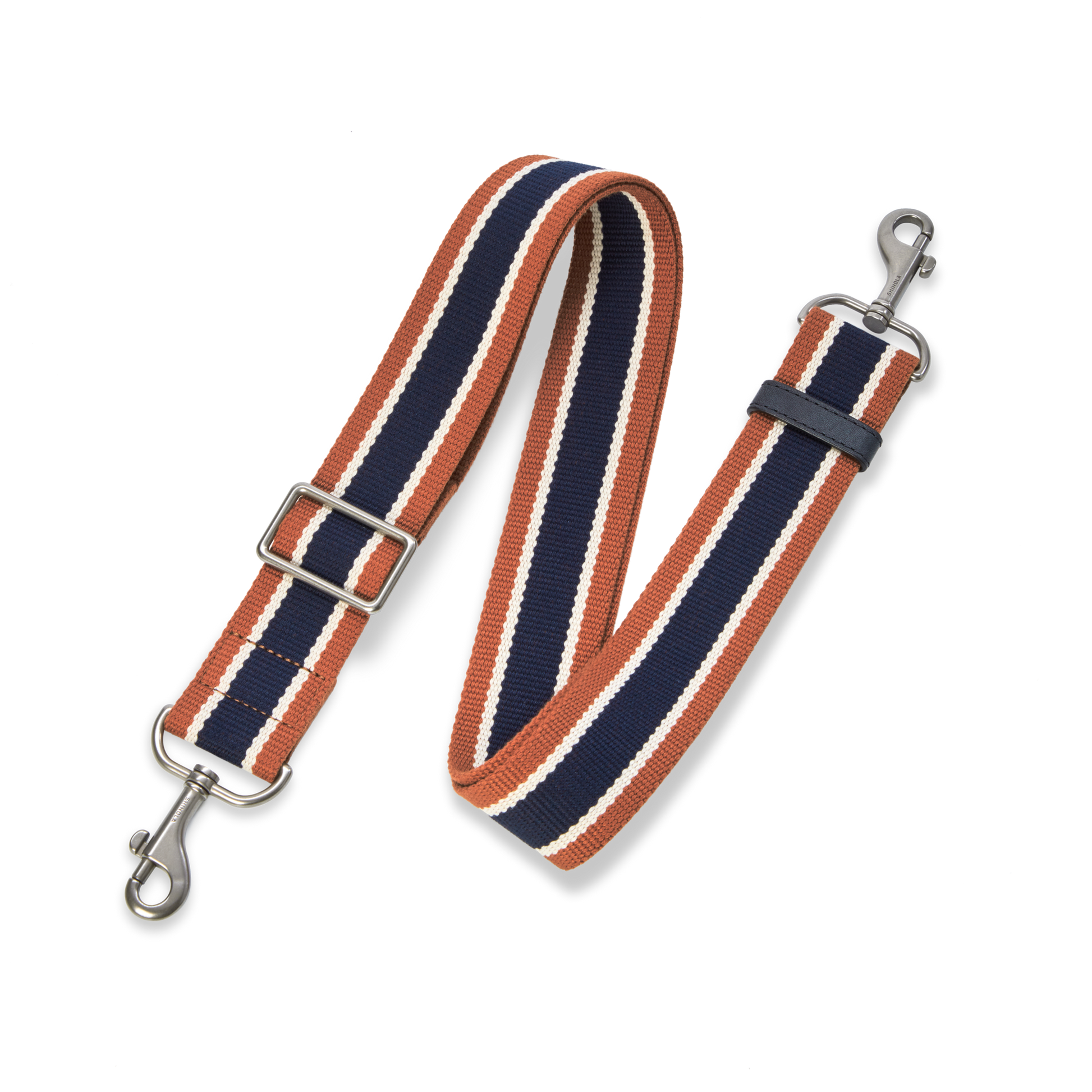 The Shinola Universal Adjustable 40mm Webbing Strap features orange, navy blue, and white stripes, metal swivel clasps at both ends, and an adjustable buckle—ideal for upgrading your favorite leather bags.