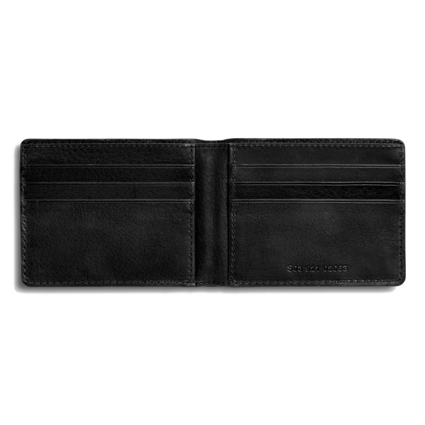 The Shinola Slim Bifold Wallet - Black opens to reveal card slots and embossed numbers, combining premium leather craftsmanship with a sleek, minimalist credit card holder design.