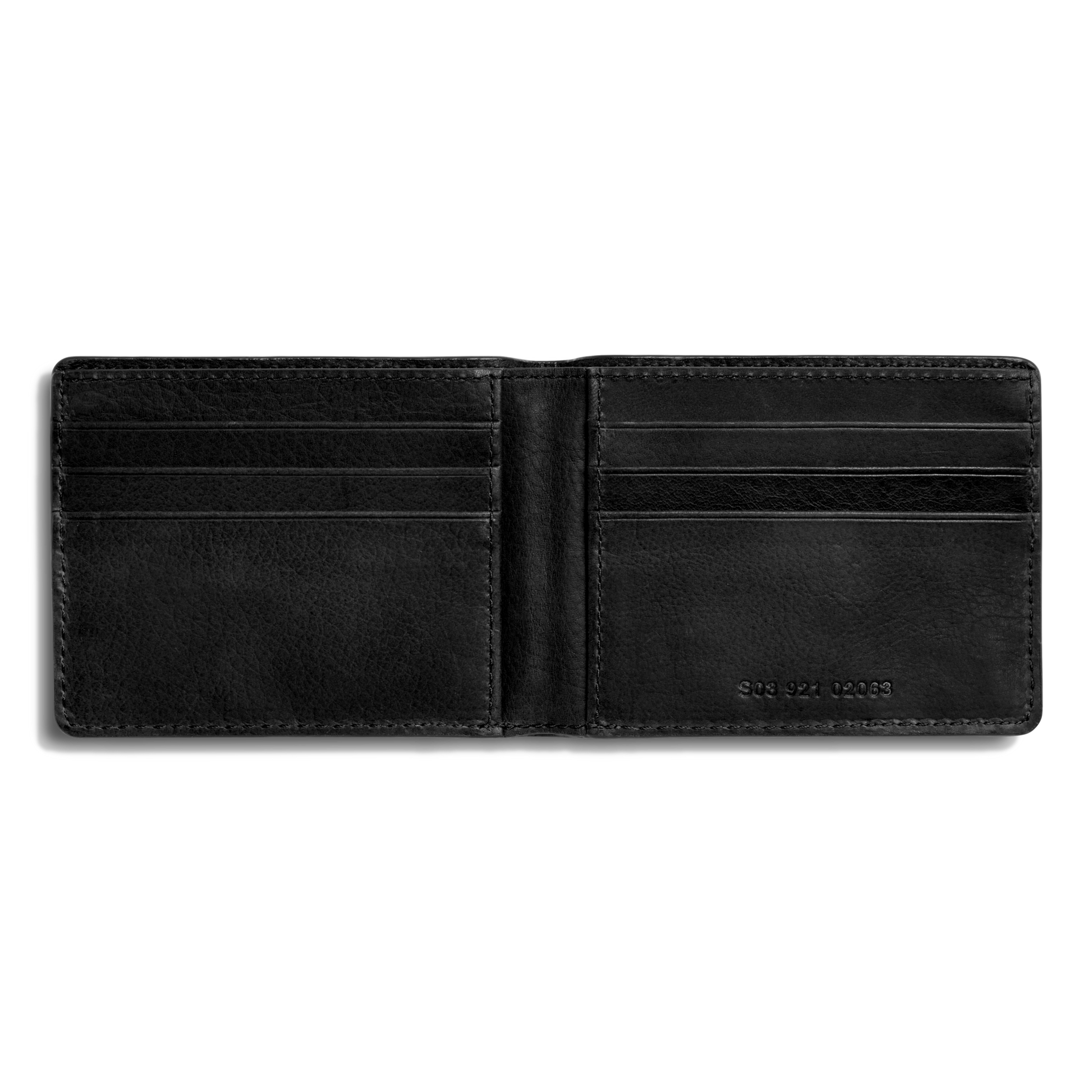 The Shinola Slim Bifold Wallet - Black opens to reveal card slots and embossed numbers, combining premium leather craftsmanship with a sleek, minimalist credit card holder design.