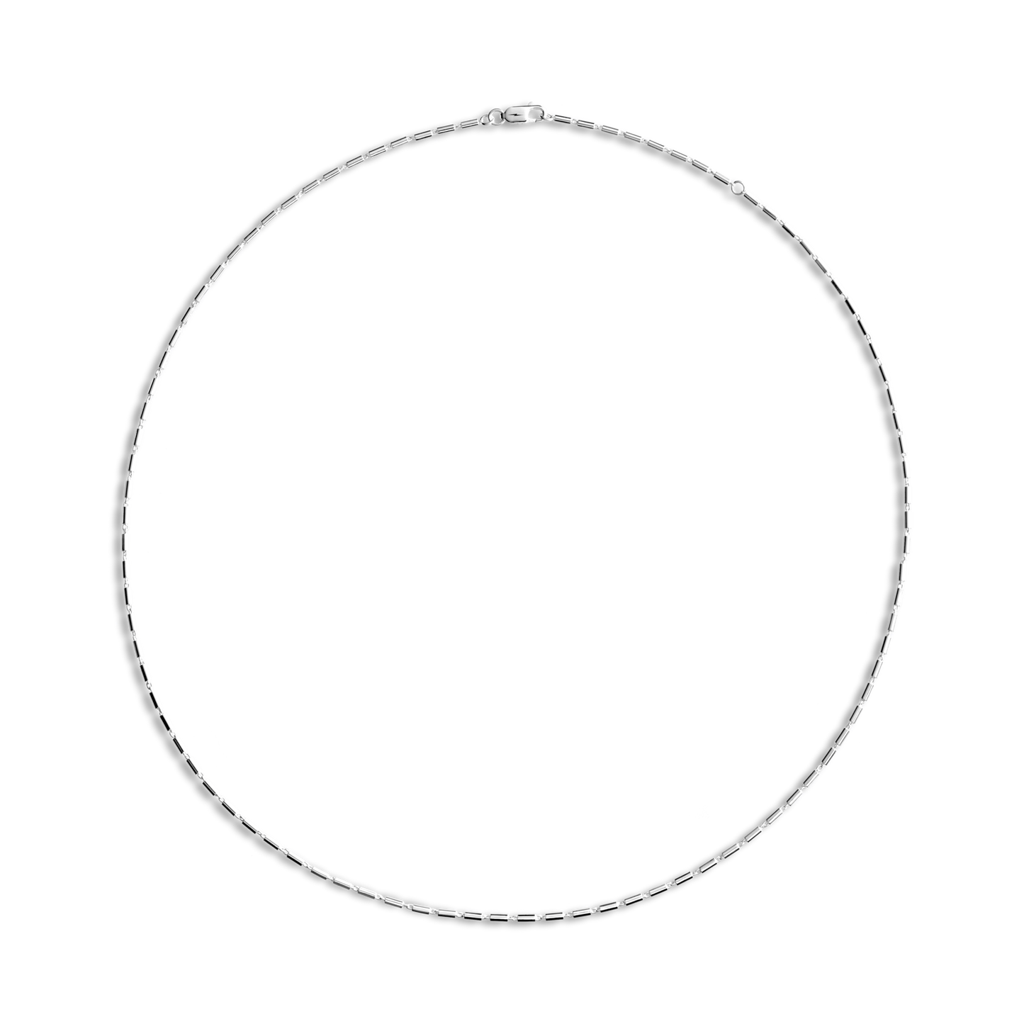 The Shinola 1mm Bar Chain Necklace features a delicate sterling silver rectangular link design, elegantly arranged in a circle on a plain white background.