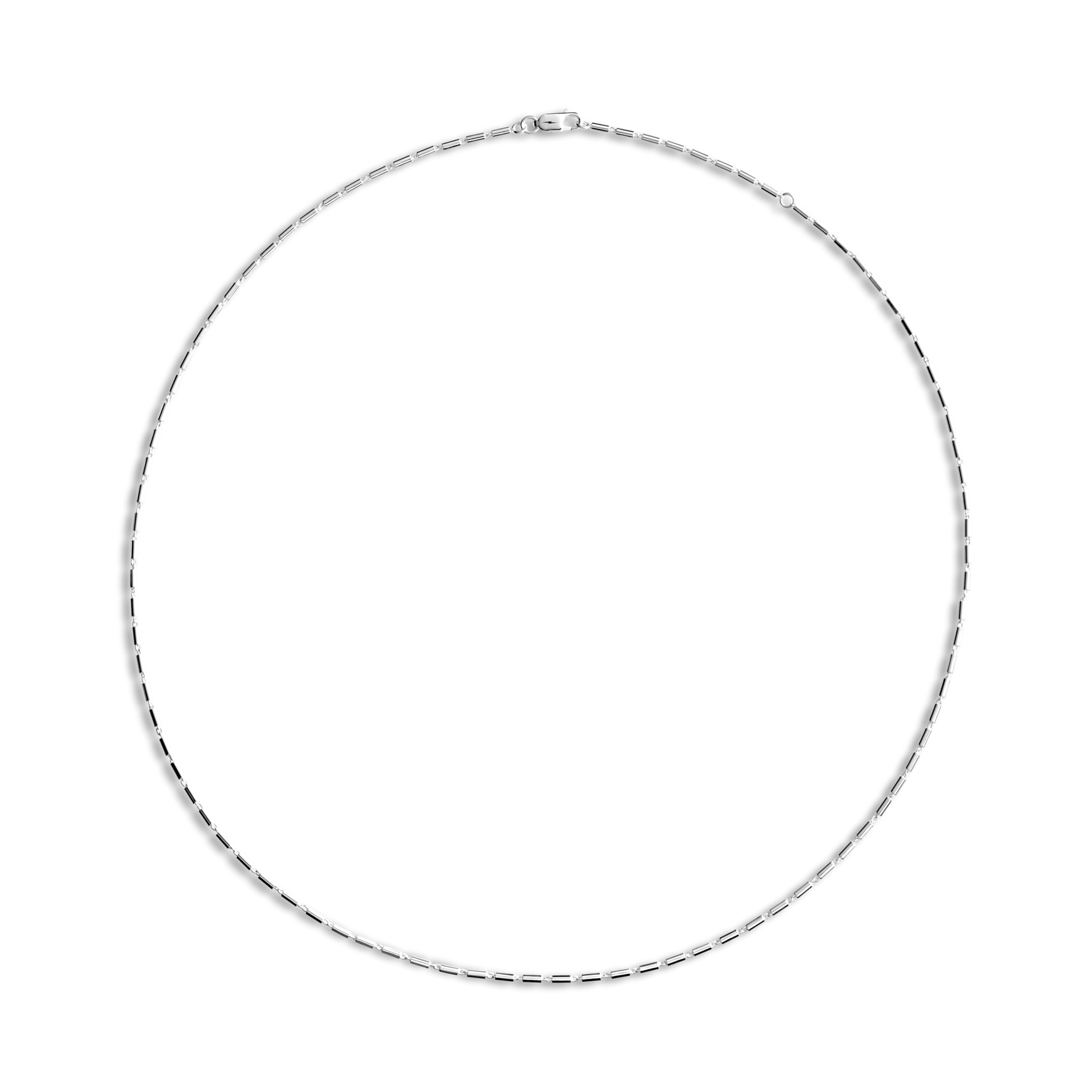 The Shinola 1mm Bar Chain Necklace features a delicate sterling silver rectangular link design, elegantly arranged in a circle on a plain white background.