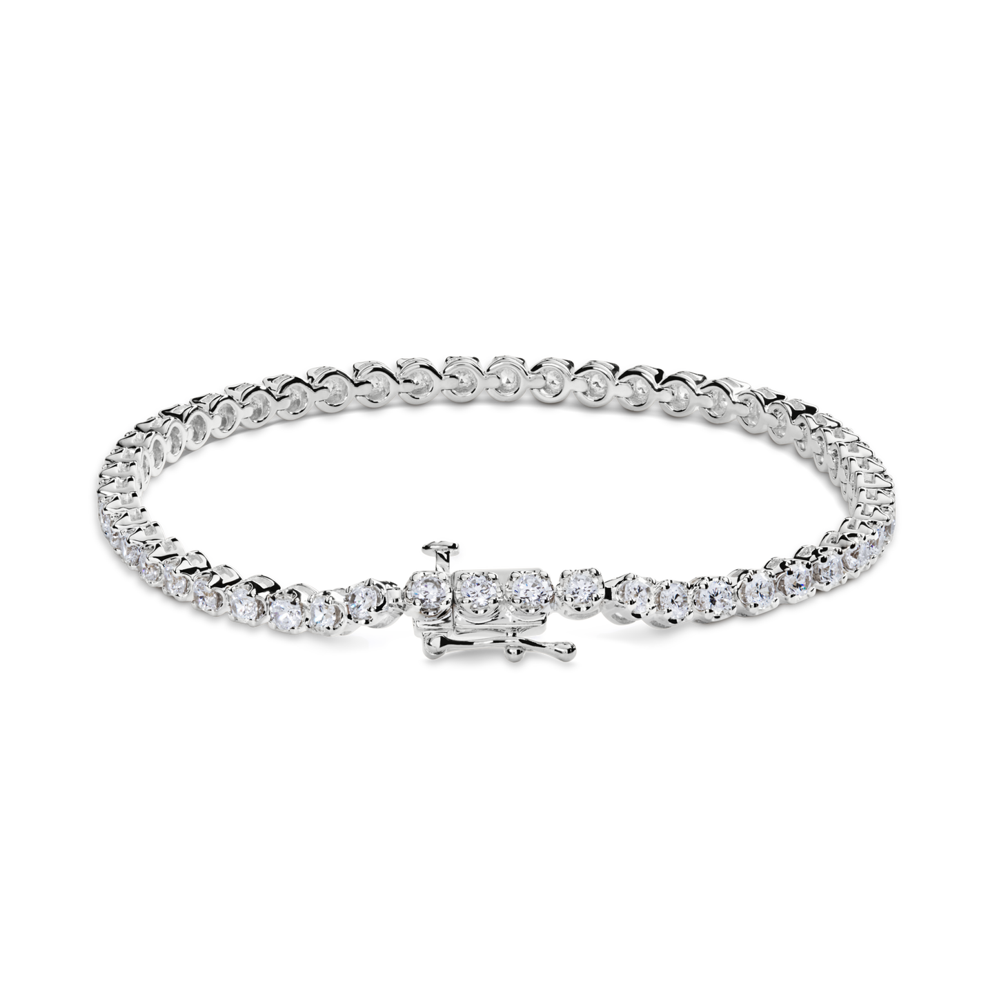 The Shinola 3 Carat 7" Diamond Tennis Bracelet in white gold showcases a continuous row of round, brilliant cut diamonds, elegantly set and displayed against a white background.