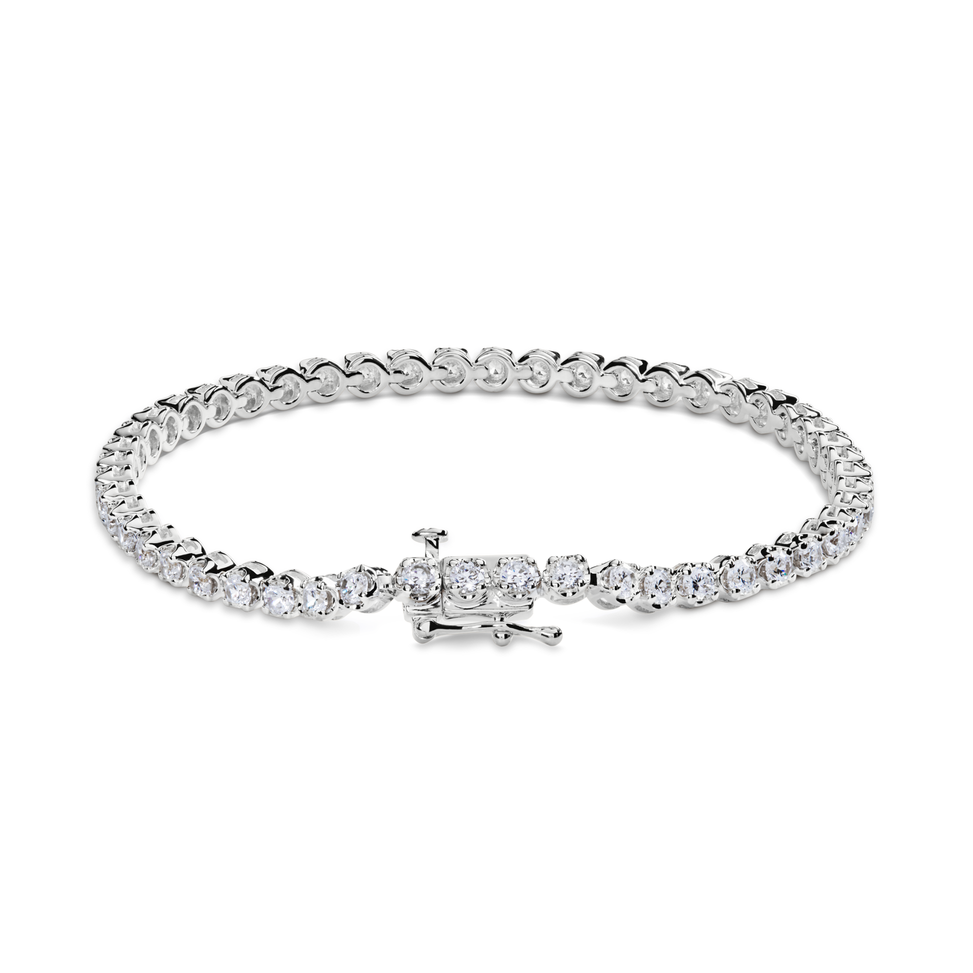 The Shinola 3 Carat 7" Diamond Tennis Bracelet in white gold showcases a continuous row of round, brilliant cut diamonds, elegantly set and displayed against a white background.