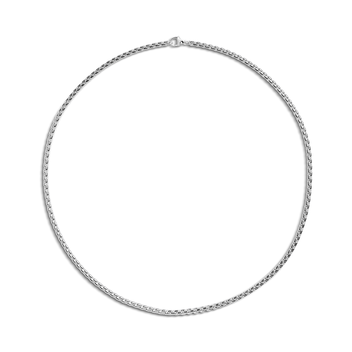The Shinola 4mm Box Chain Necklace, crafted in sterling silver, is shown arranged in a circular shape on a plain white background.