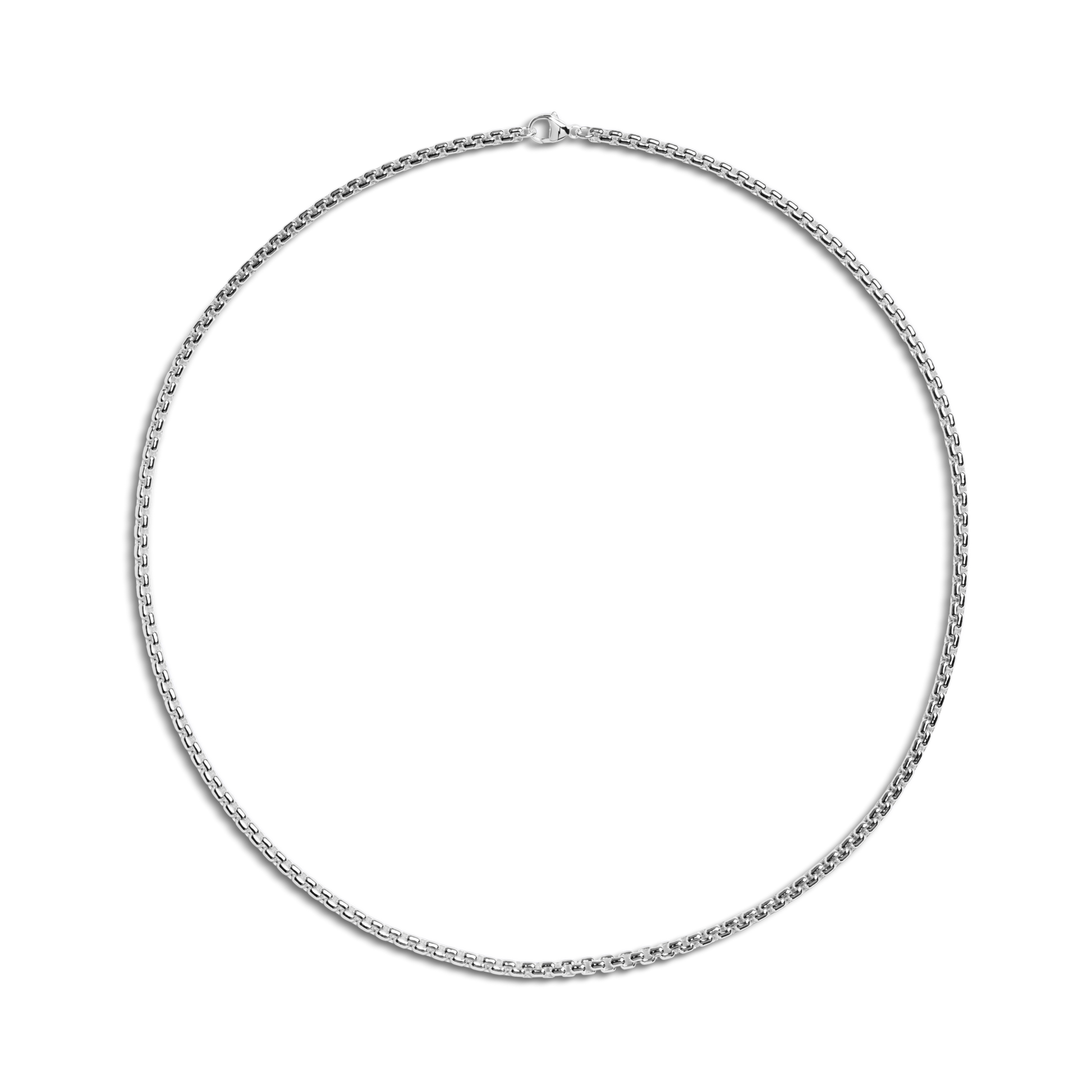 The Shinola 4mm Box Chain Necklace, crafted in sterling silver, is shown arranged in a circular shape on a plain white background.