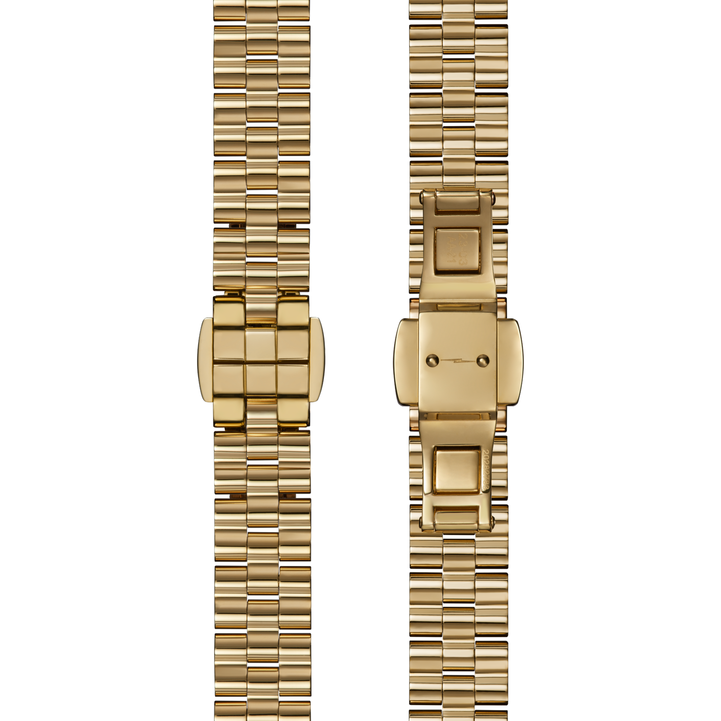 Two views of a gold metal watch band with a folding clasp for the Shinola Runabout Watch - Petoskey: rectangular links and clasp shown closed (left) and open (right) against a white background.