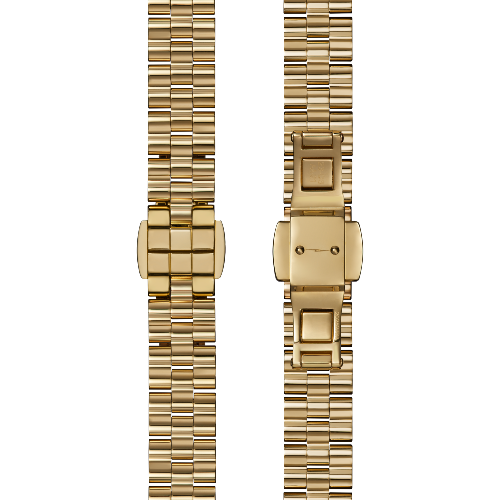 Two views of a gold metal watch band with a folding clasp for the Shinola Runabout Watch - Petoskey: rectangular links and clasp shown closed (left) and open (right) against a white background.
