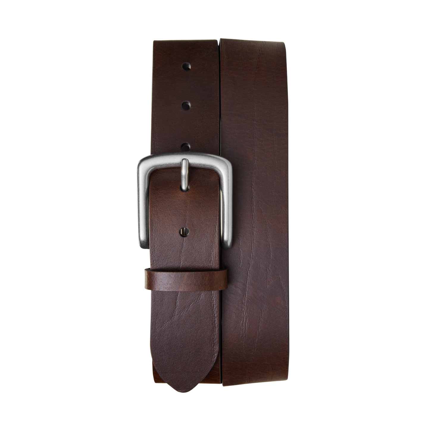 The Shinola 1 1/2" Essential Belt in dark brown natural leather features a silver metal buckle and is displayed rolled up on a plain white background.