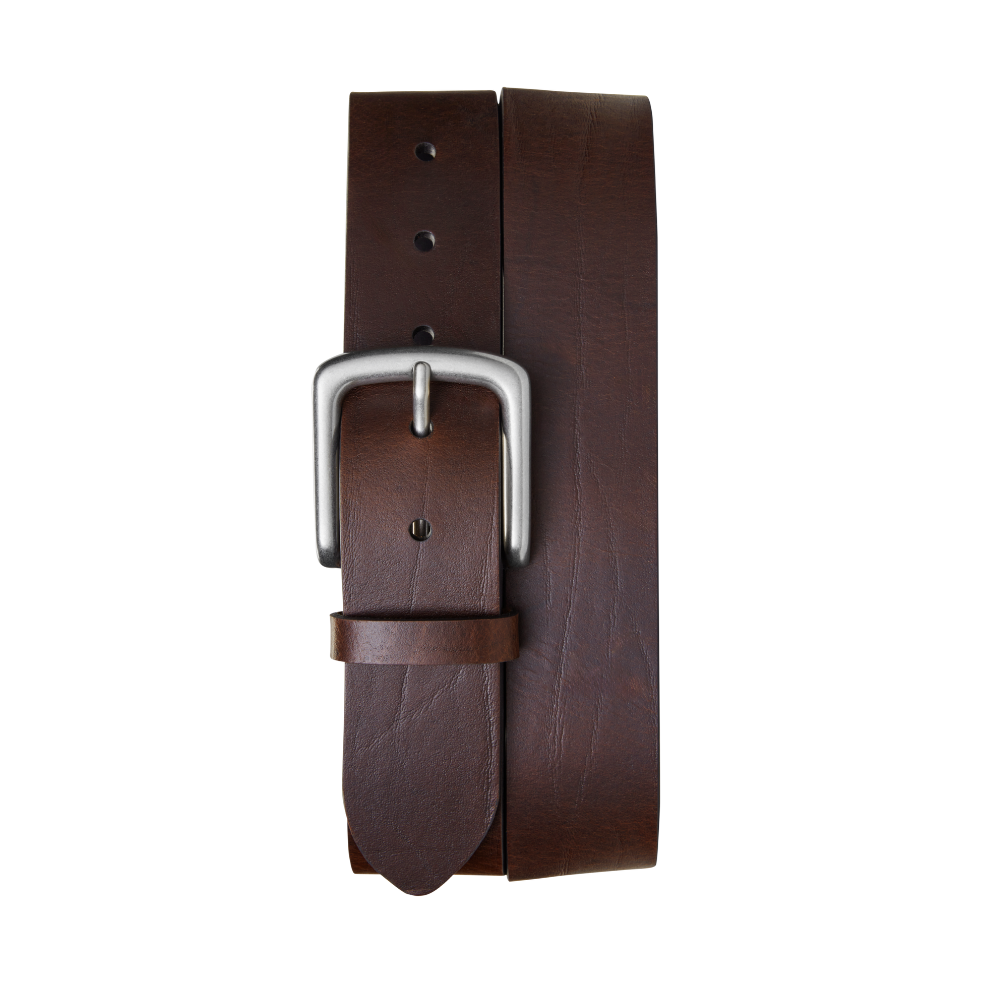 The Shinola 1 1/2" Essential Belt in dark brown natural leather features a silver metal buckle and is displayed rolled up on a plain white background.