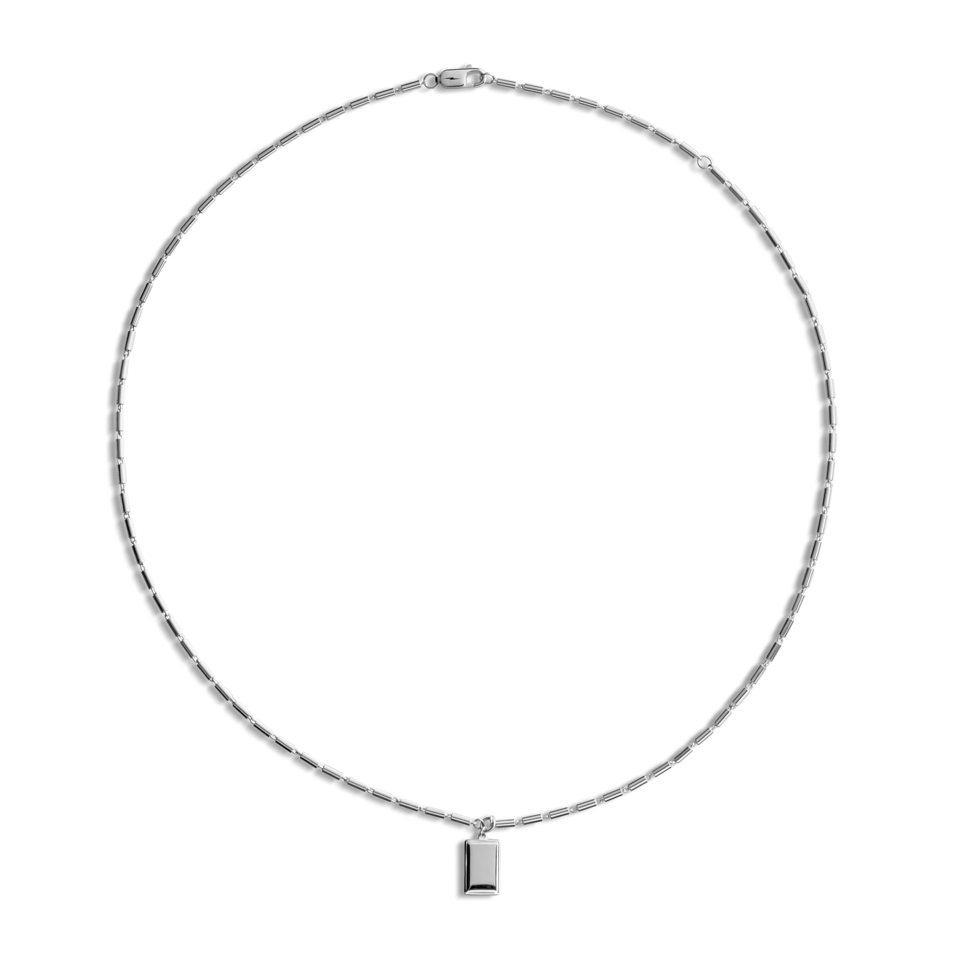 The Shinola Petite Rectangular Tag Necklace features delicate sterling silver rectangular links and a small tag pendant at the center—ideal for personalization as an engravable necklace.