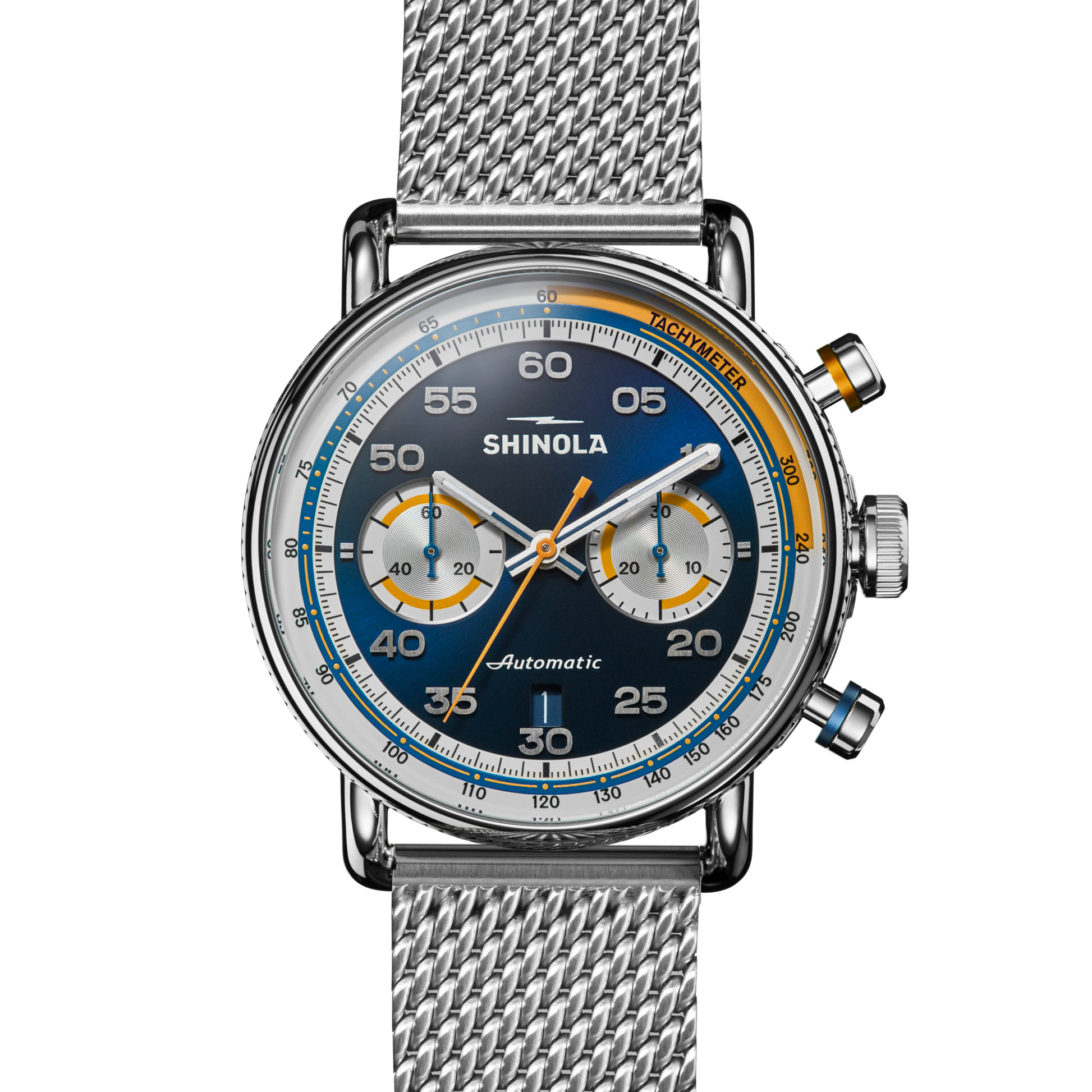 The Shinola Canfield Speedway Open Road Automatic Chronograph Watch - Blue features a silver mesh band, blue and yellow dial with two subdials, silver markers, tachymeter scale, and color-tipped pushers for precise timing.