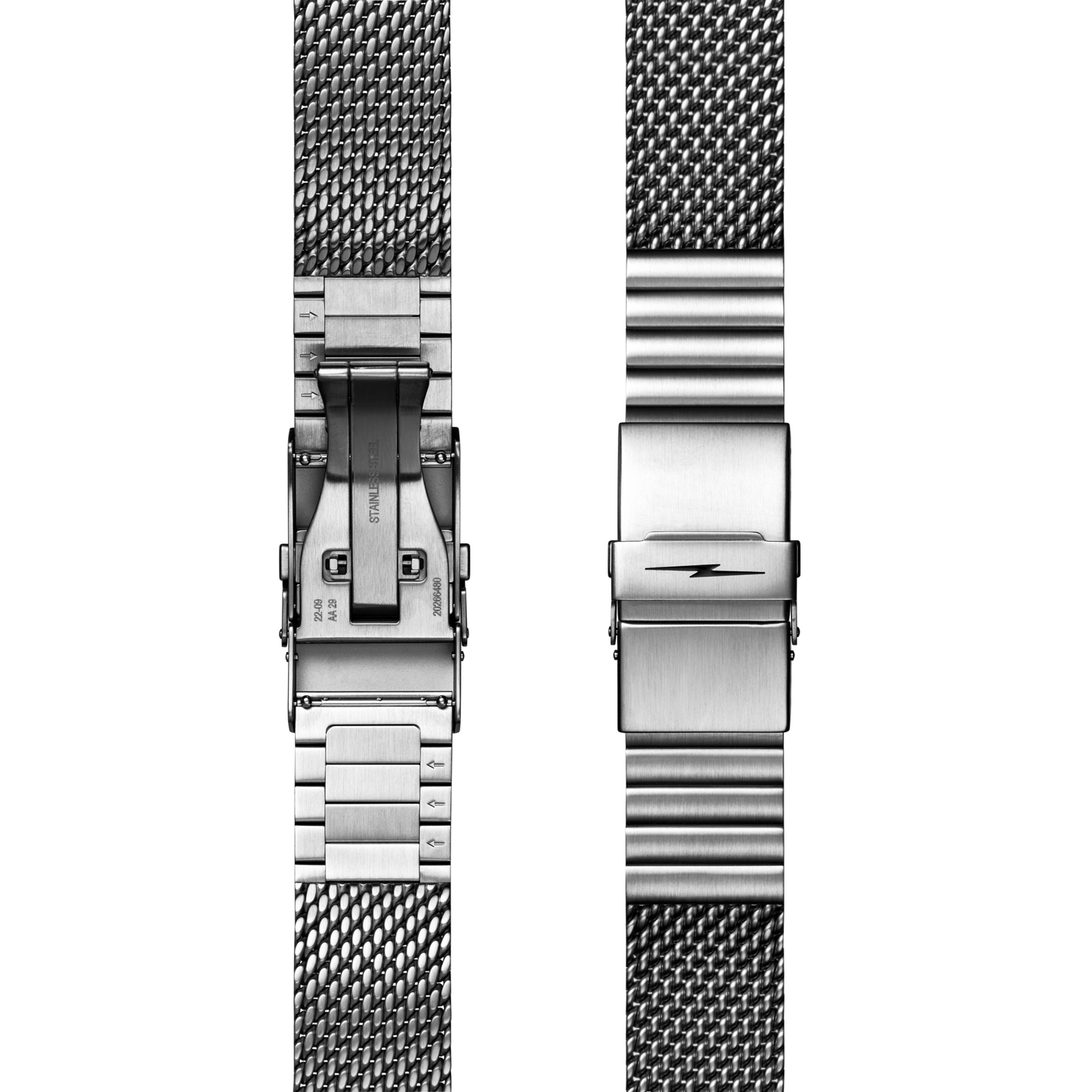 Close-up image of two stainless steel bands side by side, showcasing their distinct clasps and intricate links—ideal for pairing with the Shinola Canfield Speedway Open Road Automatic Chronograph Watch in Blue.