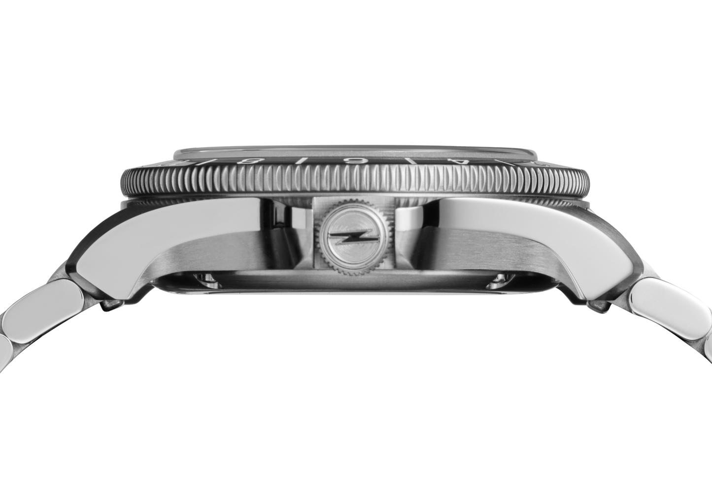 Side view of the Shinola Monster GMT Automatic Watch - Whiskey, featuring a textured bezel, stainless steel case, crown with lightning bolt logo, and metal bracelet against a plain white background.