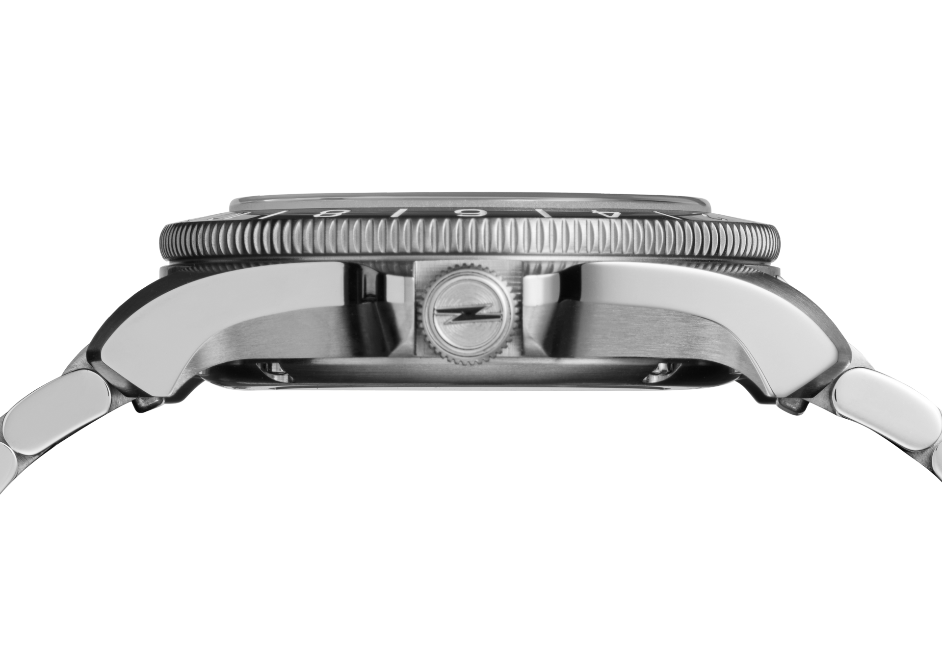 Side view of the Shinola Monster GMT Automatic Watch - Whiskey, featuring a textured bezel, stainless steel case, crown with lightning bolt logo, and metal bracelet against a plain white background.