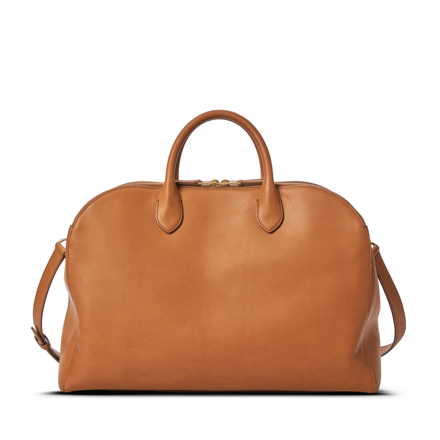 The Shinola Bixby Work Satchel - Tan features structured natural leather, two short handles, a detachable shoulder strap, and a top zipper closure—ideal as a stylish laptop bag. Set against a plain white background.