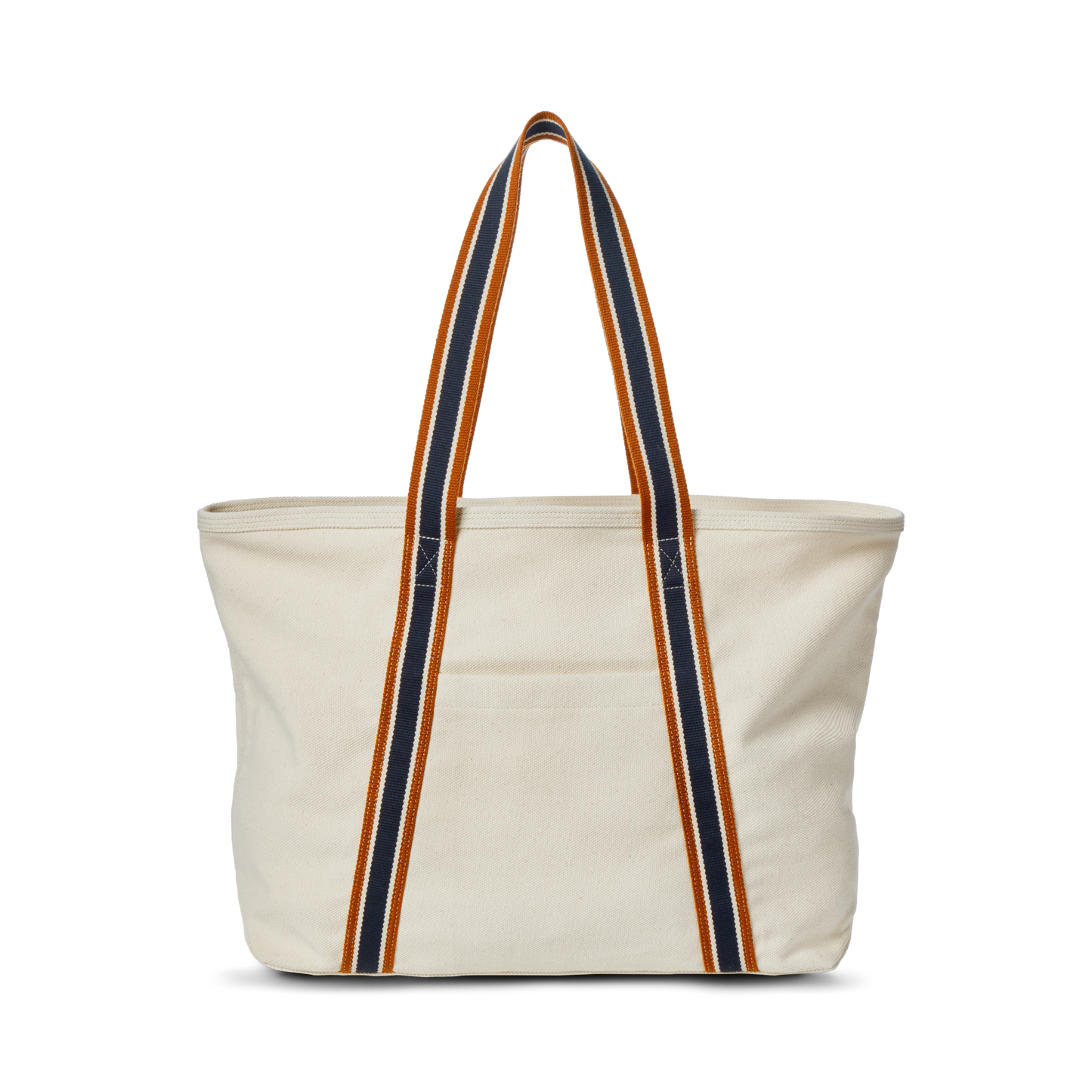 The Shinola Large Easy Canvas Tote - Natural is a cream tote with long handles, navy and orange stripes, an exterior slip pocket, and a spacious open compartment, shown against a plain white background.