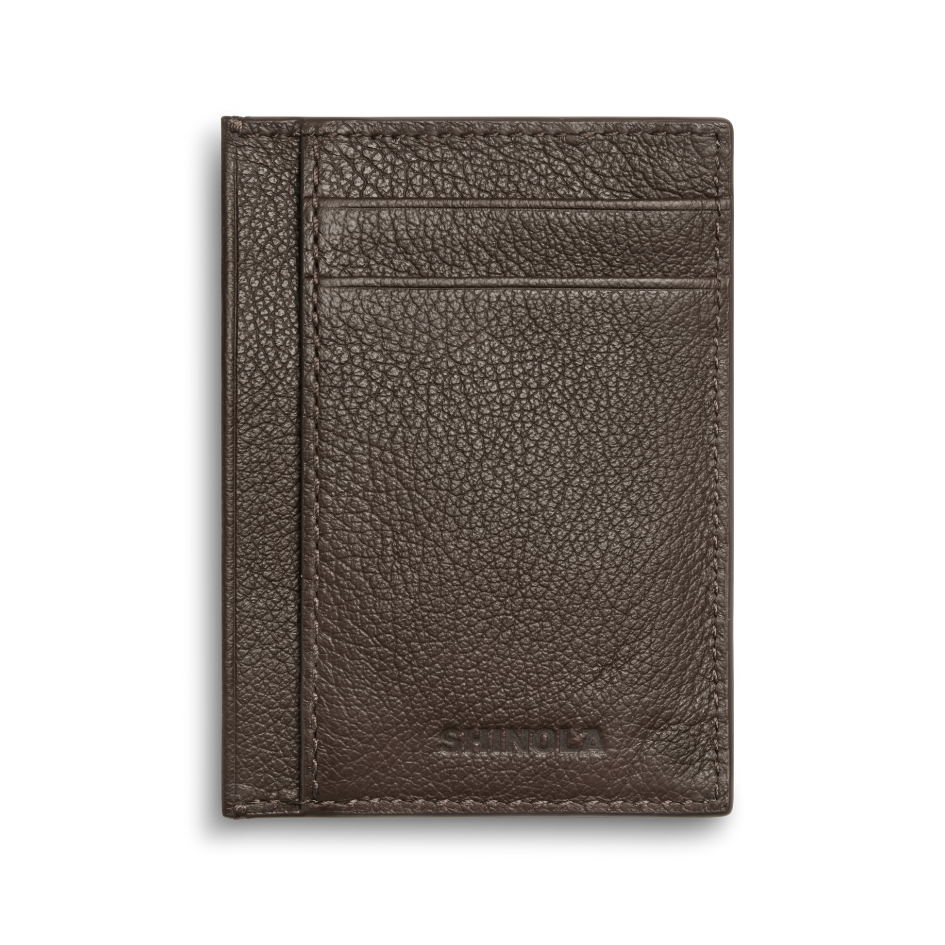 The Shinola Canfield ID Card Holder in Espresso features brown pebbled leather, two card slots, an embossed logo at the bottom, and a textured surface—a stylish slim wallet for everyday use.