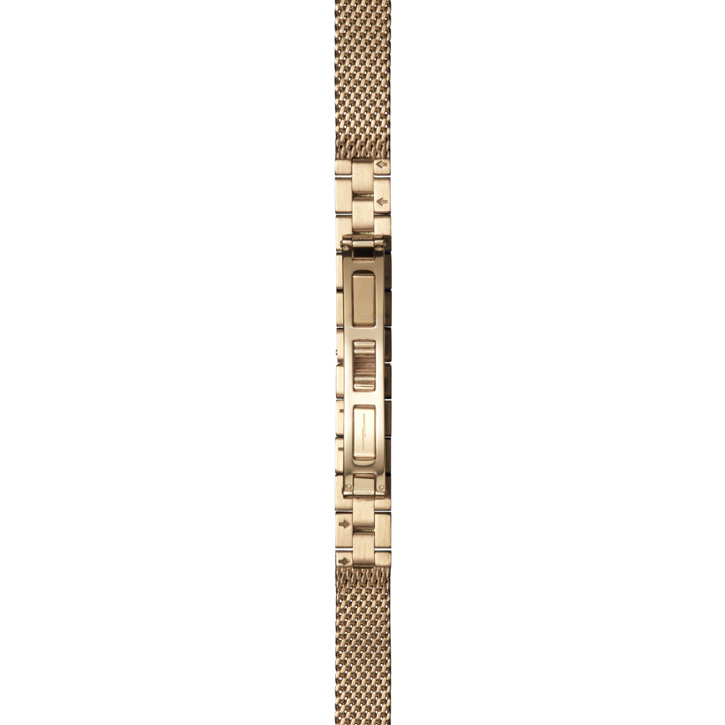 A close-up of the Shinola 18mm Gold Mesh Bracelet - PVD Gold, featuring a central clasp, displayed vertically on a white background.