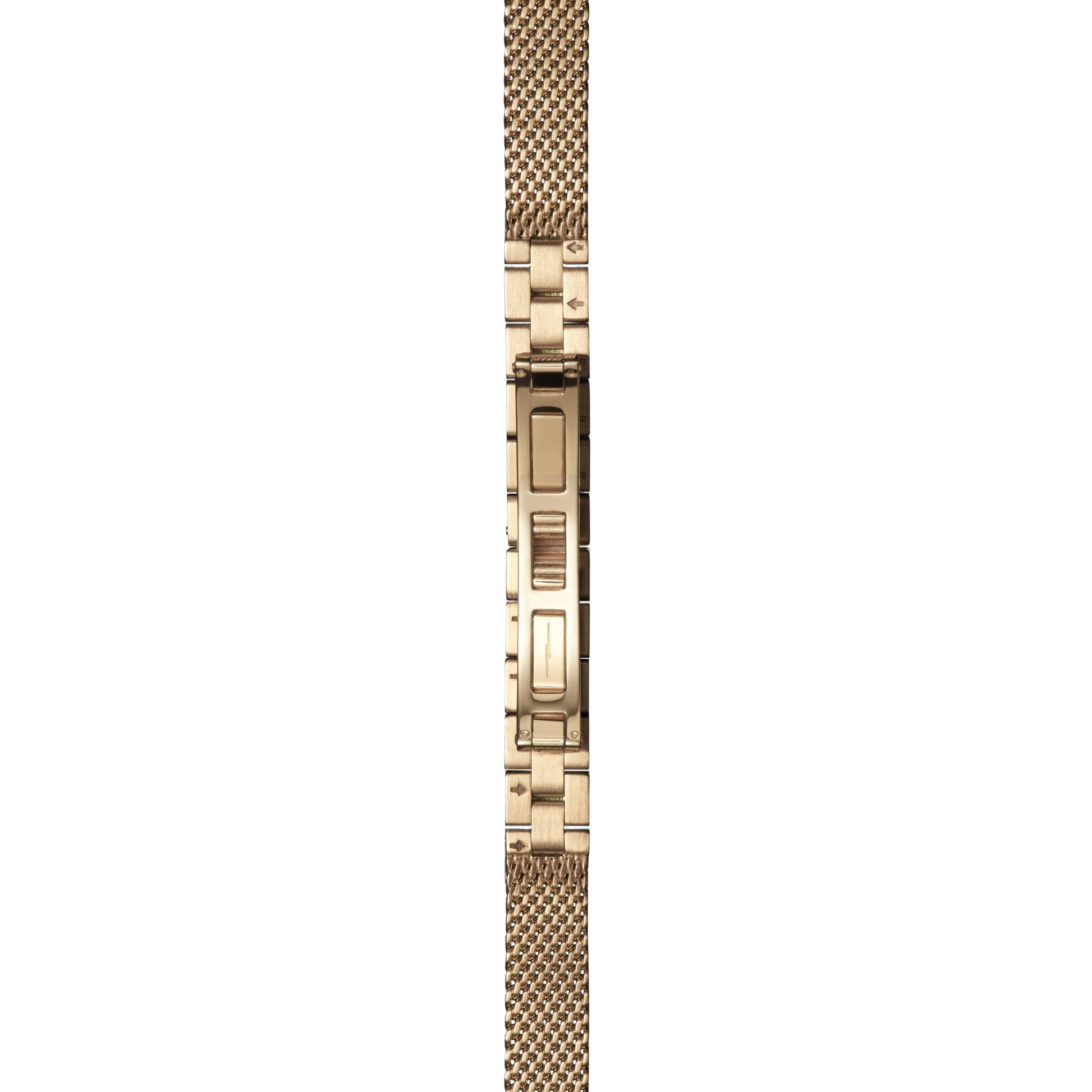 A close-up of the Shinola 18mm Gold Mesh Bracelet - PVD Gold, featuring a central clasp, displayed vertically on a white background.