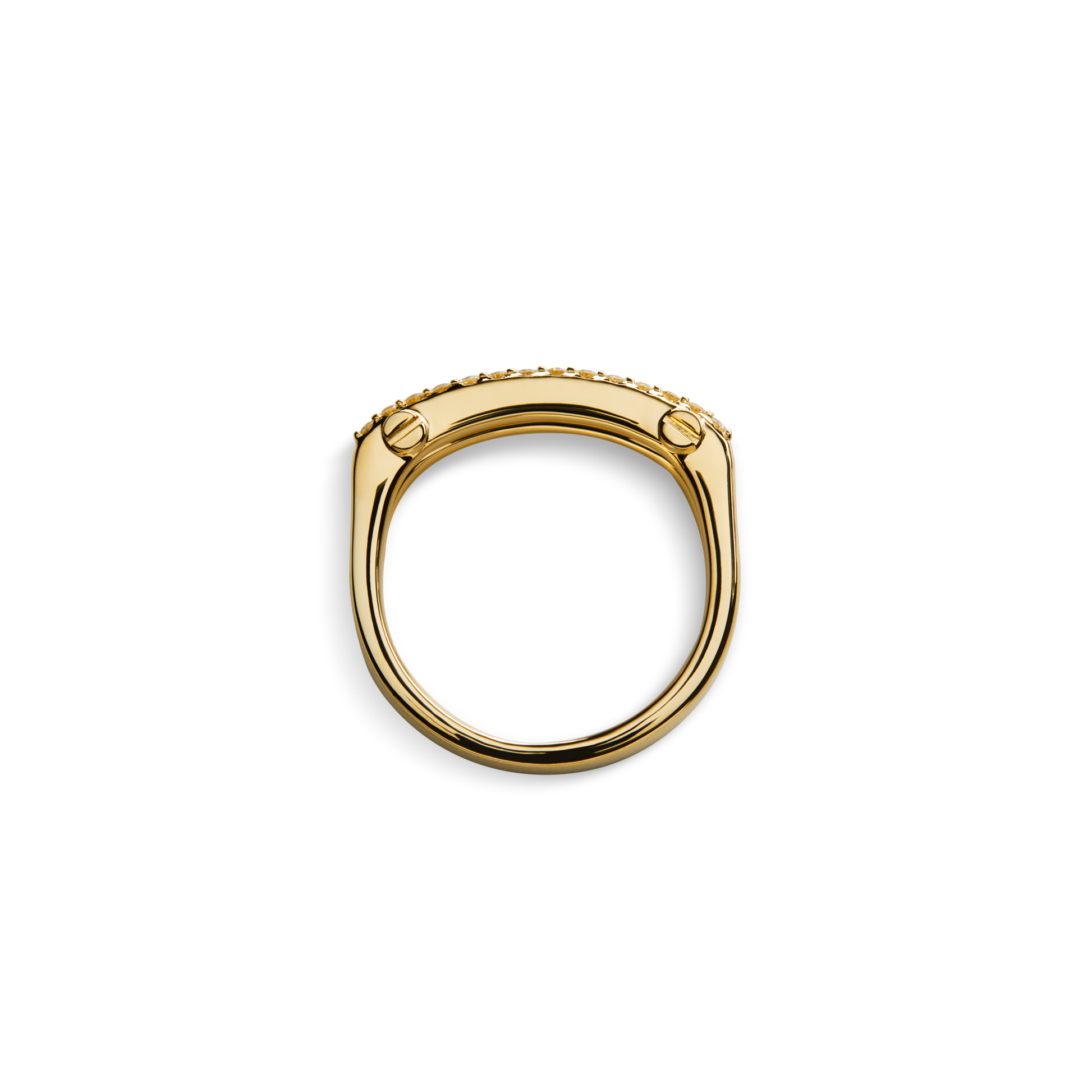 The Shinola Diamond Pave Rivet Double Row Ring in yellow gold features a flat top, rounded band, and double rows of small diamond accents, shown against a plain white background.