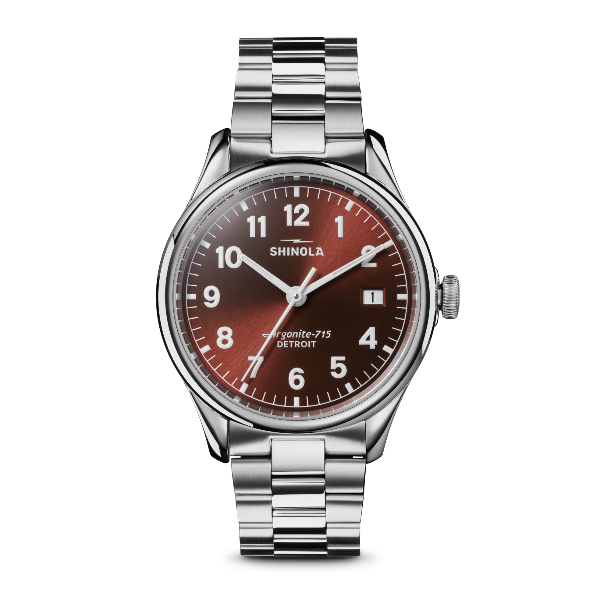 The Shinola Vinton Watch - Whiskey features a stainless steel bracelet and a bold red gradient dial with white numerals and hands. The face displays SHINOLA, Argonite-715, and DETROIT.