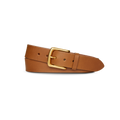 The Shinola 1 1/2" Essential Belt in natural tan leather features a gold rectangular buckle, shown rolled up on a plain white background.