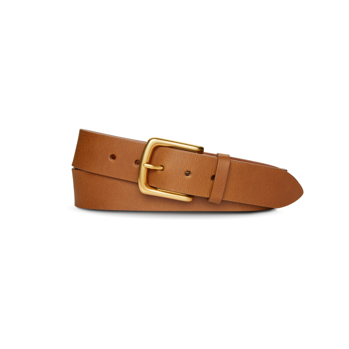The Shinola 1 1/2" Essential Belt in natural tan leather features a gold rectangular buckle, shown rolled up on a plain white background.