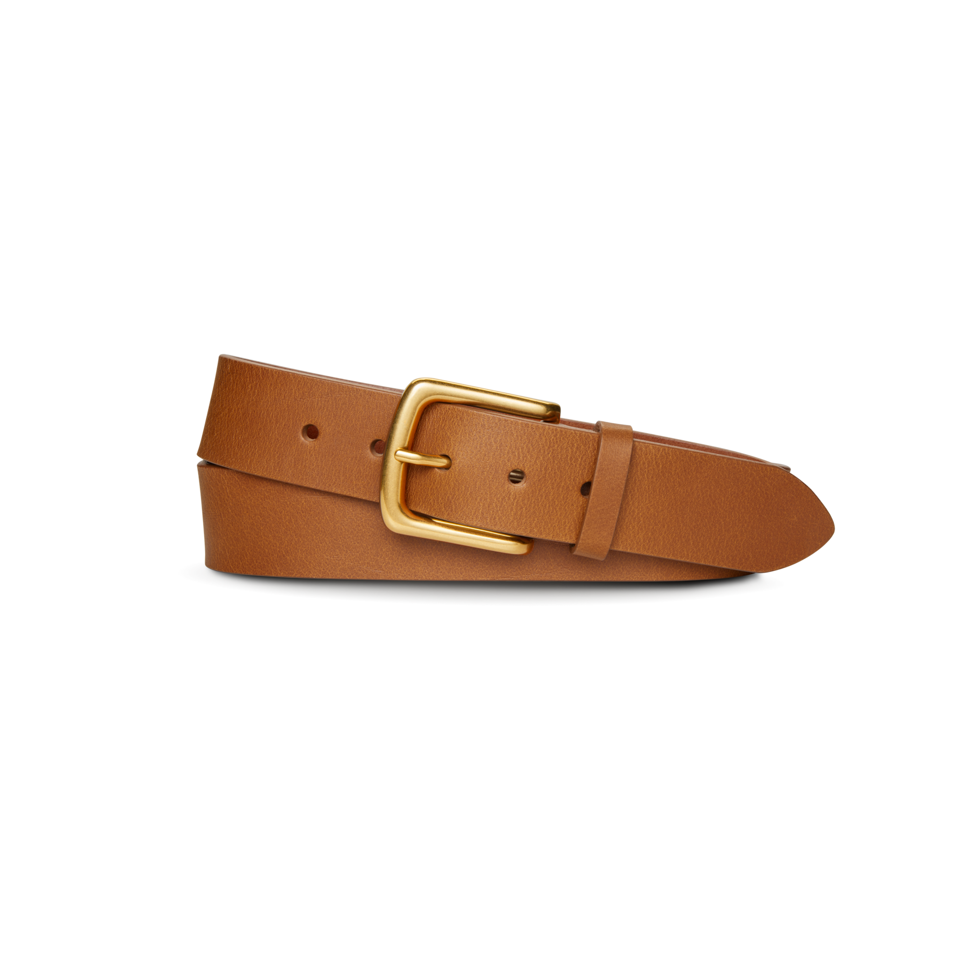 The Shinola 1 1/2" Essential Belt in natural tan leather features a gold rectangular buckle, shown rolled up on a plain white background.