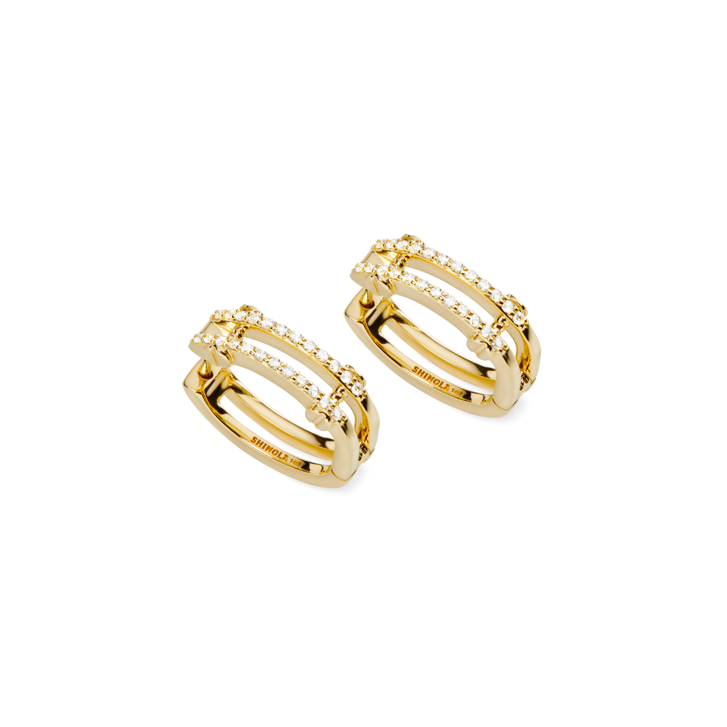 The Shinola Diamond Pave Rivet Double Row Hoop Earrings in yellow gold feature a polished, modern design with two bands—one plain and one sparkling with white stones—for an elegant, contemporary look.