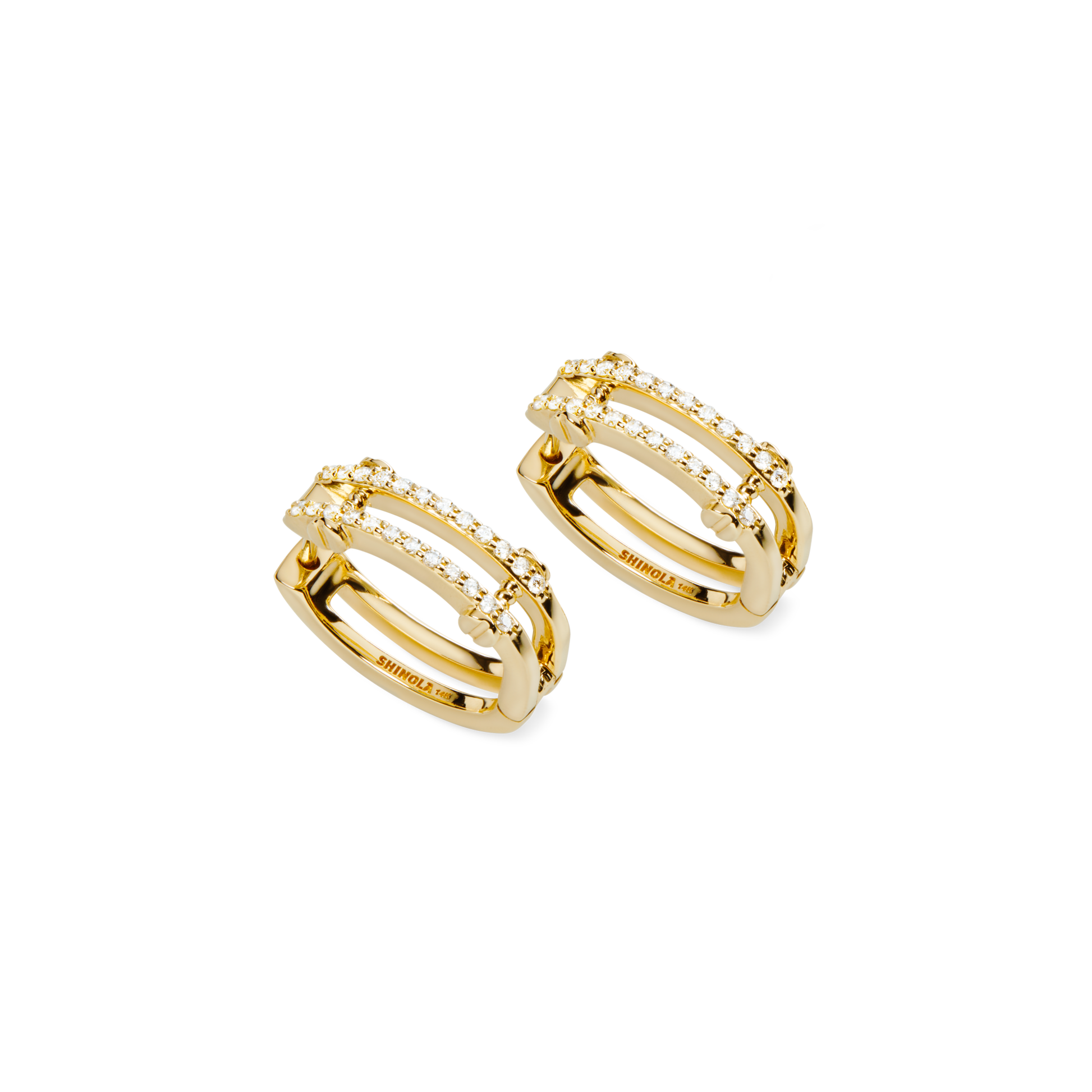 The Shinola Diamond Pave Rivet Double Row Hoop Earrings in yellow gold feature a polished, modern design with two bands—one plain and one sparkling with white stones—for an elegant, contemporary look.