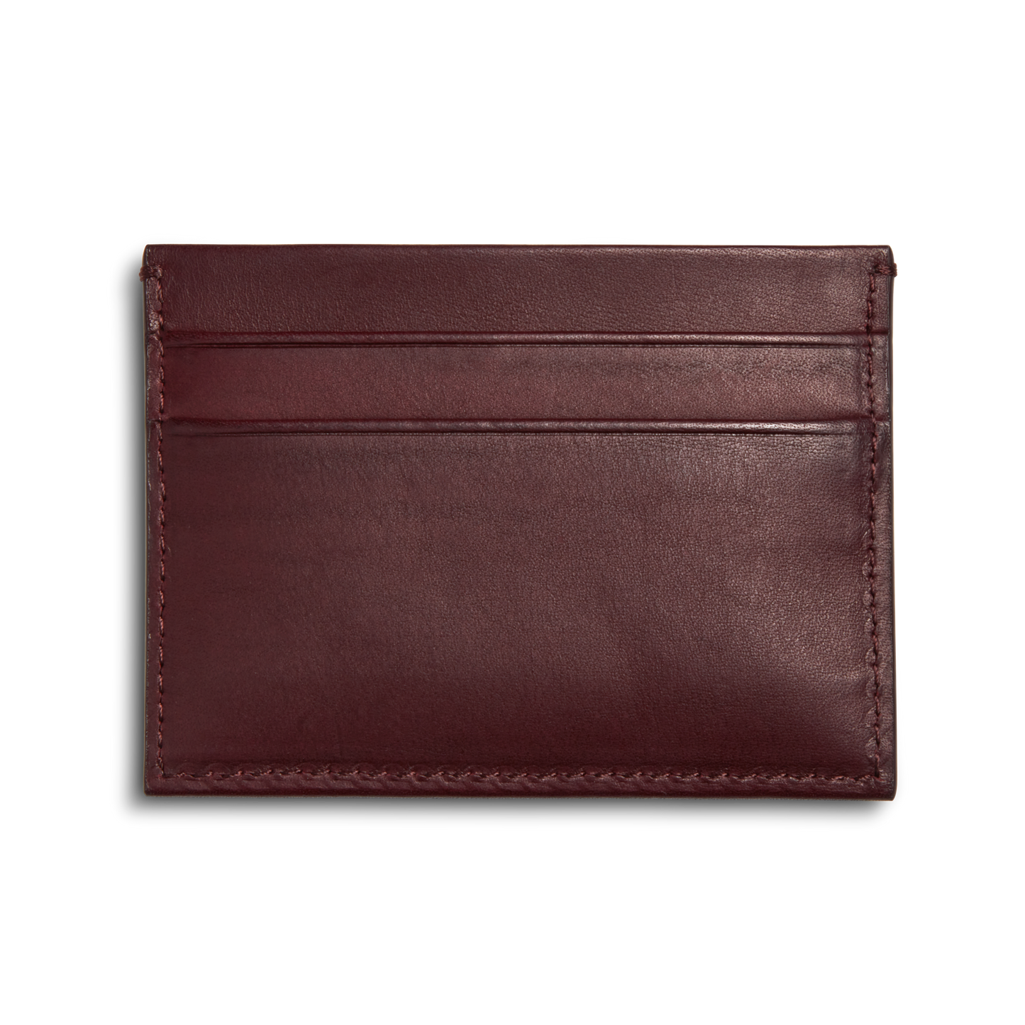The Shinola Pocket Card Holder in Merlot is a simple card case with visible stitching, crafted from dark brown leather and featuring four card slots. Shown against a plain white background.