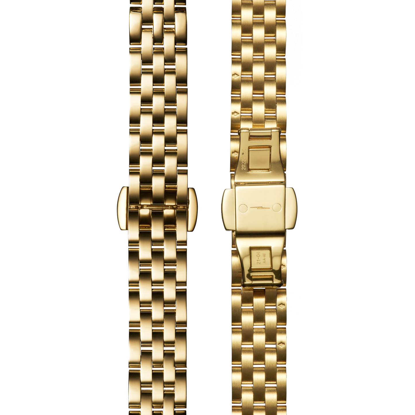 Two views of the Shinola Derby Watch - Malachite: one shows polished gold stainless steel outer links; the other reveals the shiny inner clasp, both enhancing its luxurious malachite dial.