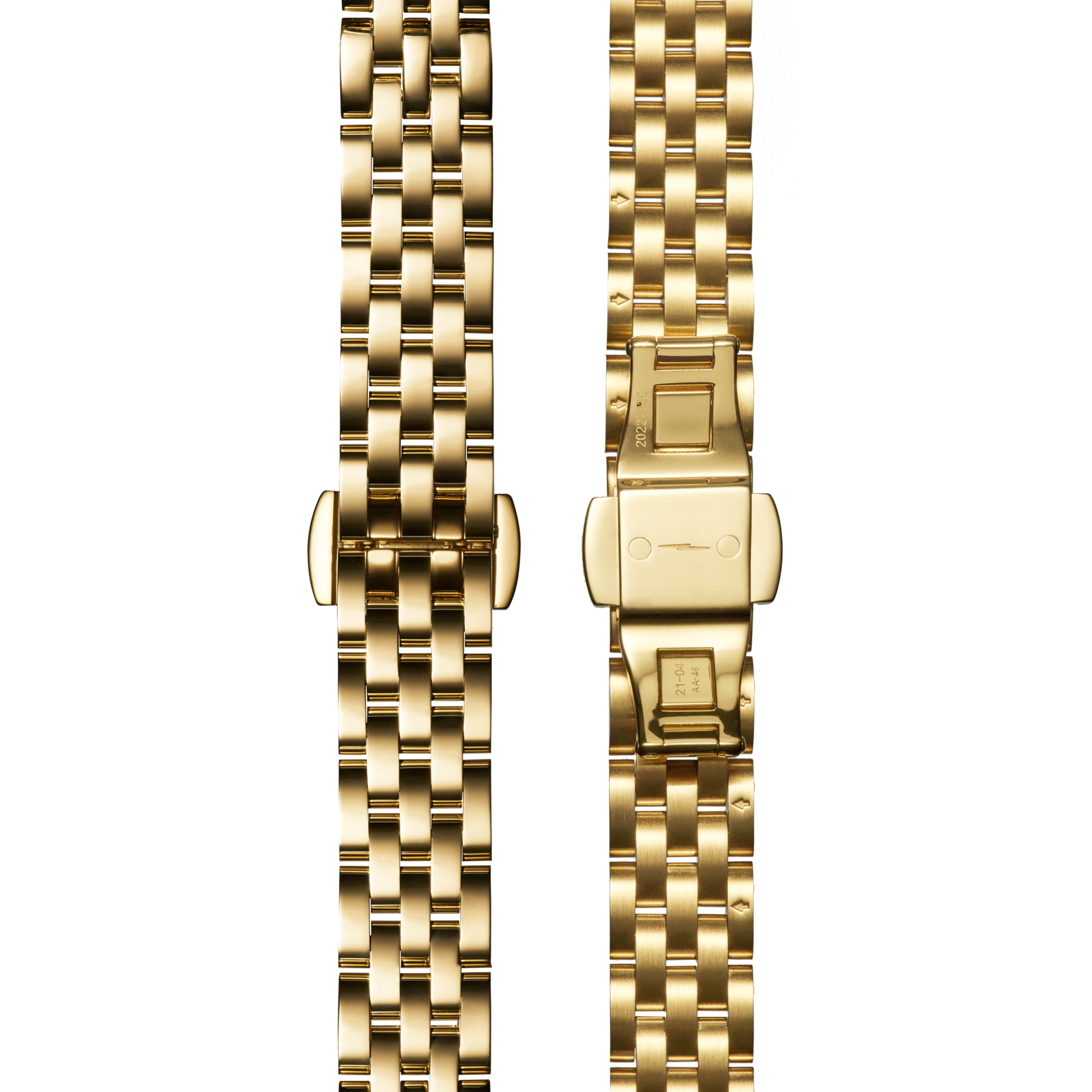 Two views of the Shinola Derby Watch - Malachite: one shows polished gold stainless steel outer links; the other reveals the shiny inner clasp, both enhancing its luxurious malachite dial.