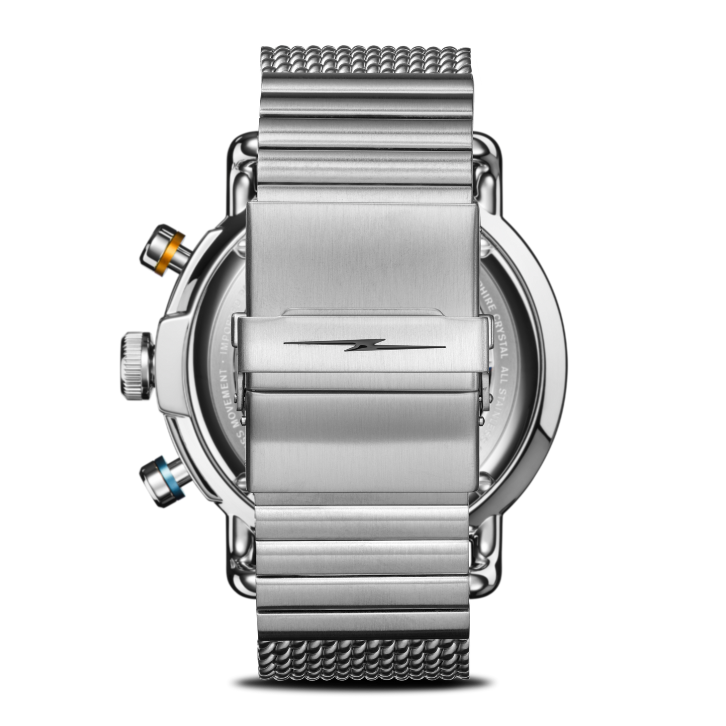 Back view of the Shinola Canfield Speedway Open Road Automatic Chronograph Watch - Blue, featuring a silver mesh band, visible clasp, yellow and blue case buttons, and Swiss-made movement, displayed on a white background.
